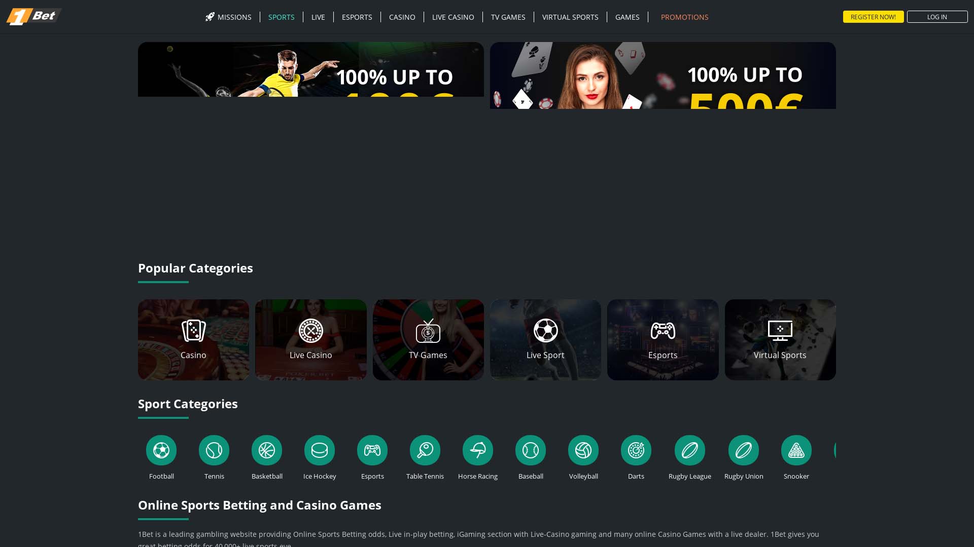 Screenshot of 1Bet Casino taken in 2025