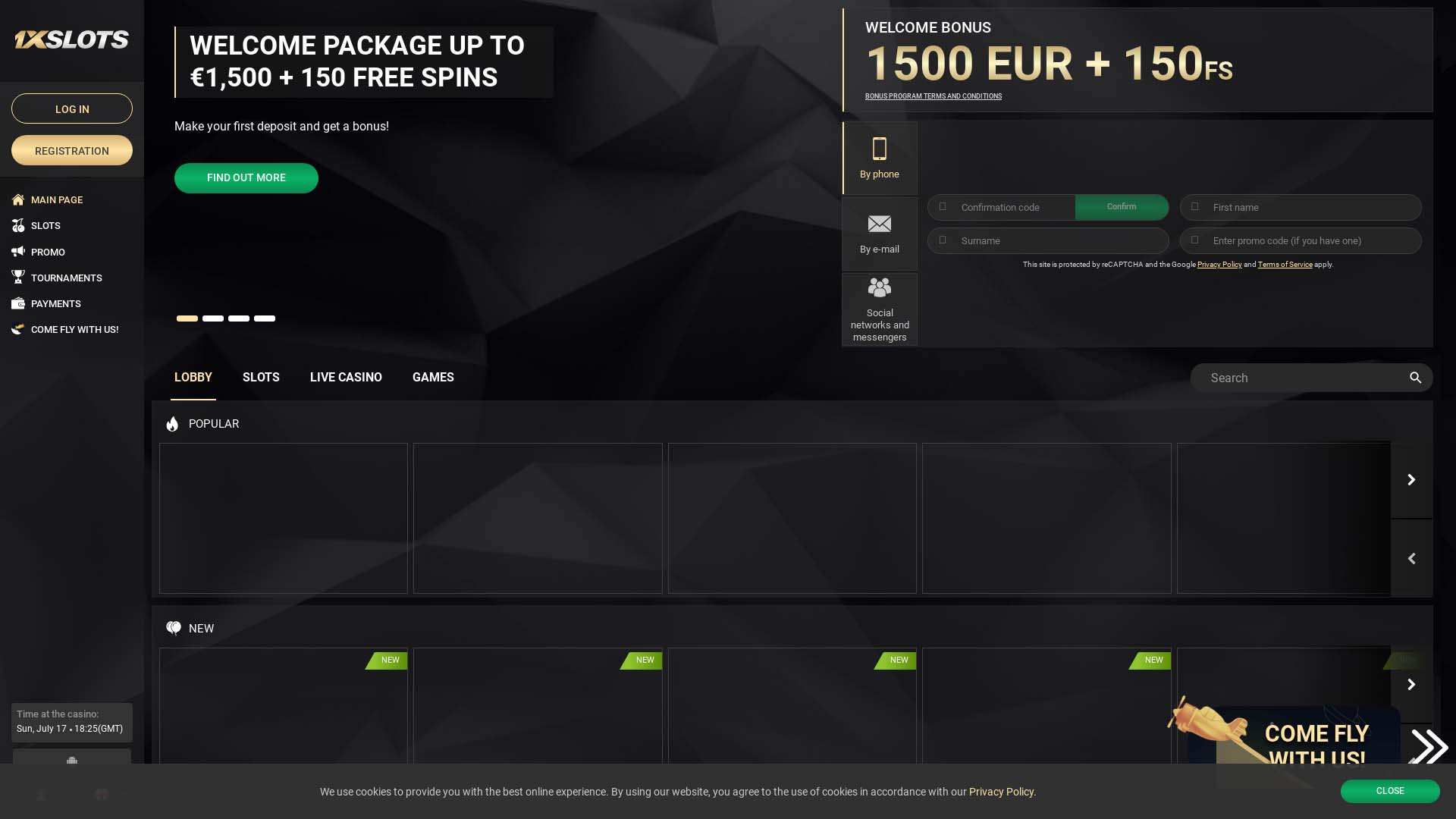 Screenshot of 1xslots Casino taken in 2025