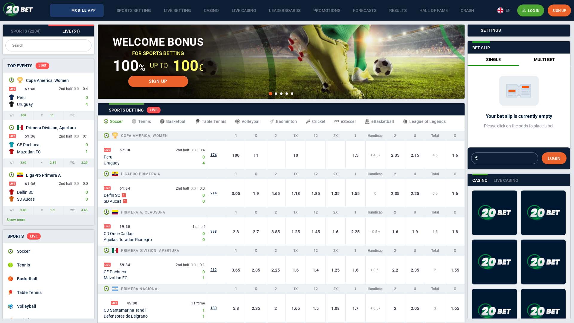 Screenshot of 20bet Casino taken in 2025