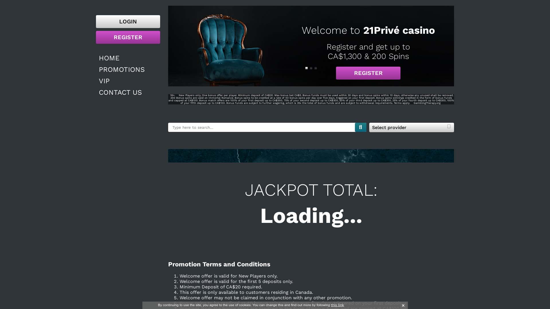 Screenshot of 21 Prive Casino taken in 2025