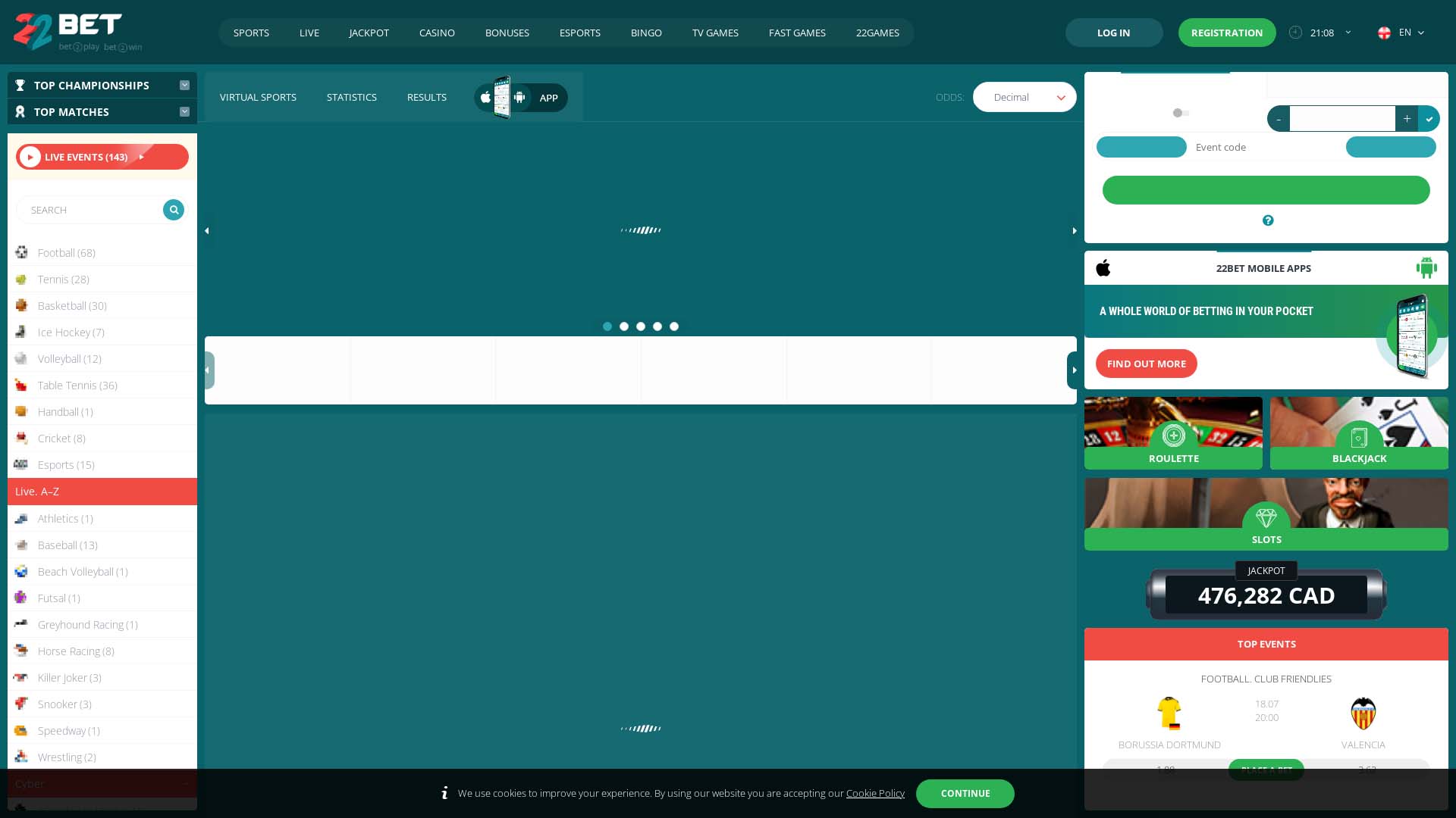 Screenshot of 22bet Casino taken in 2025