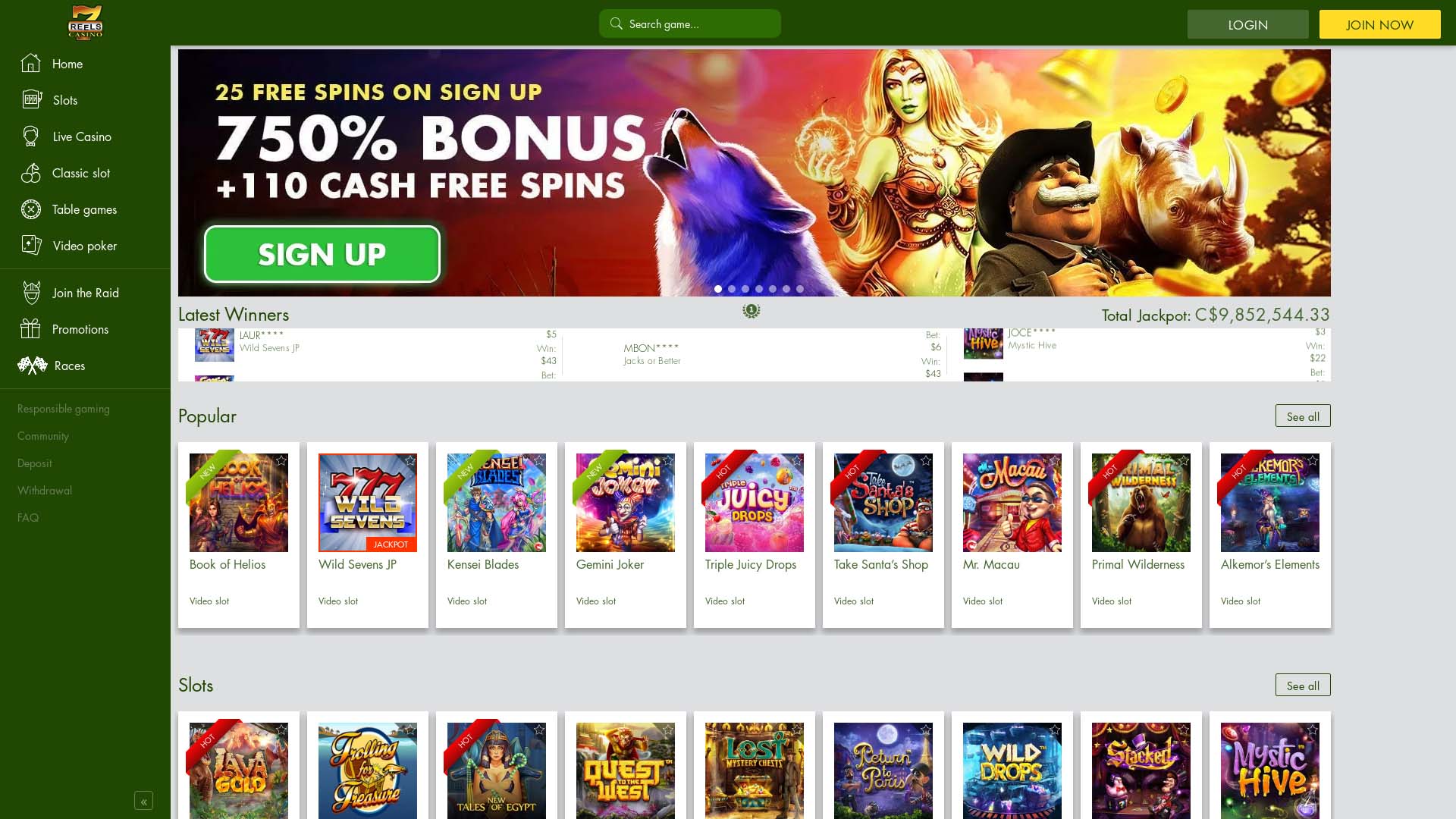 Screenshot of 7Reels Casino taken in 2025