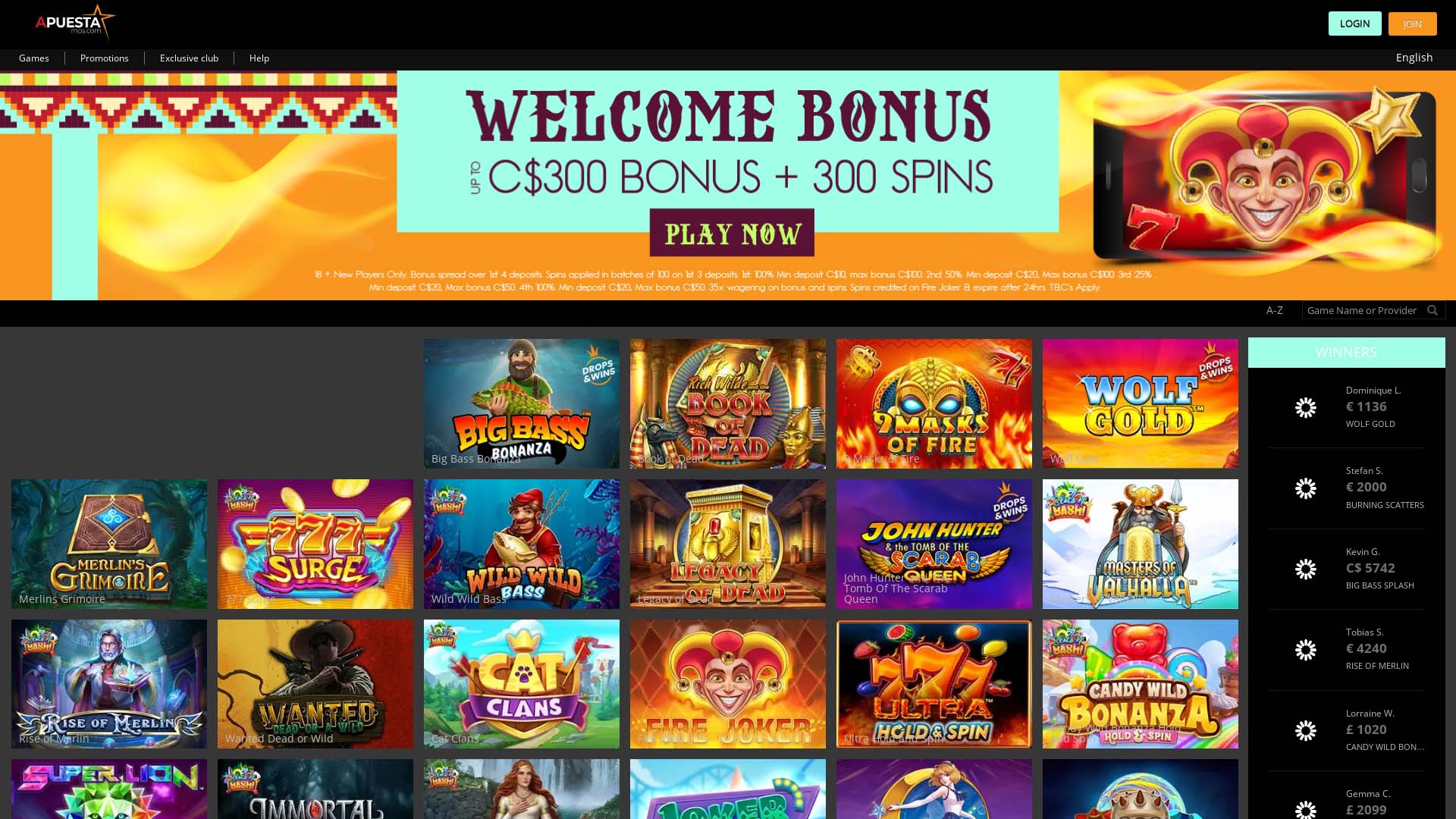 Screenshot of ApuestaMos Casino taken in 2025