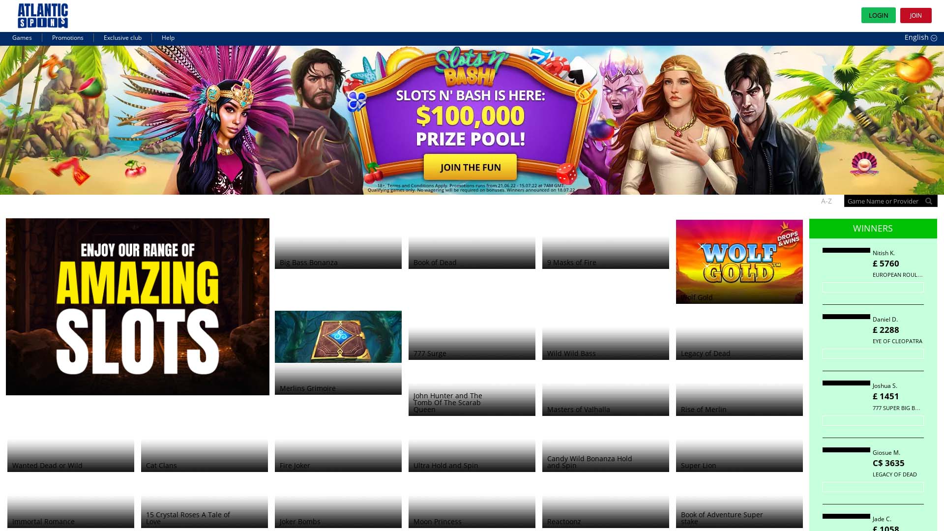 Screenshot of Atlantic Spins Casino taken in 2025