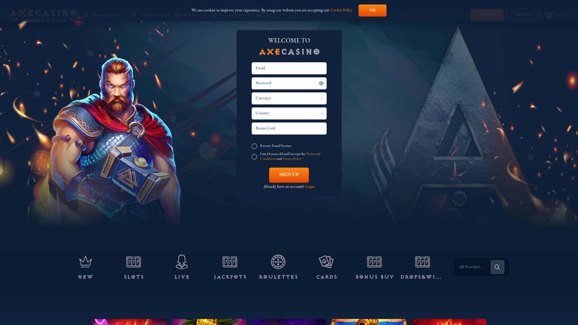 Screenshot of Axecasino taken in 2025