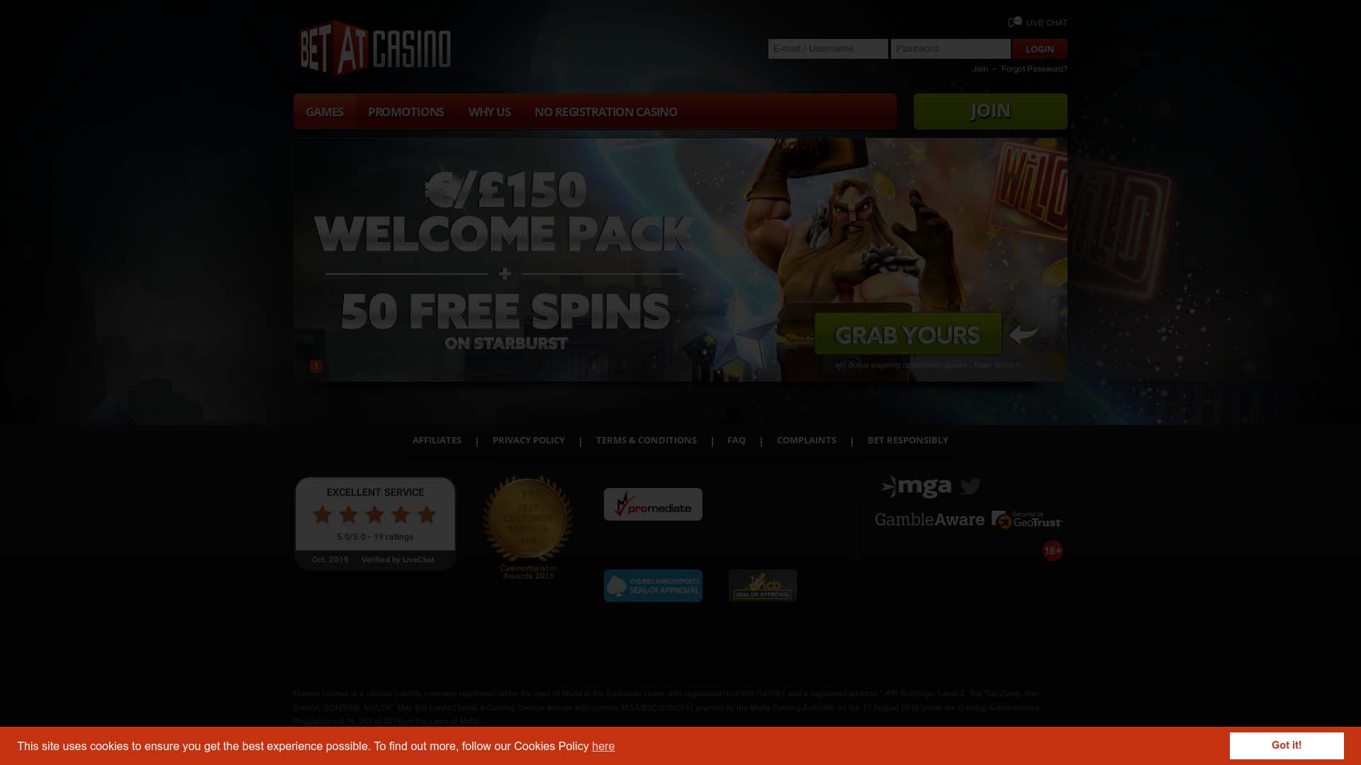 Screenshot of BETAT Casino taken in 2025