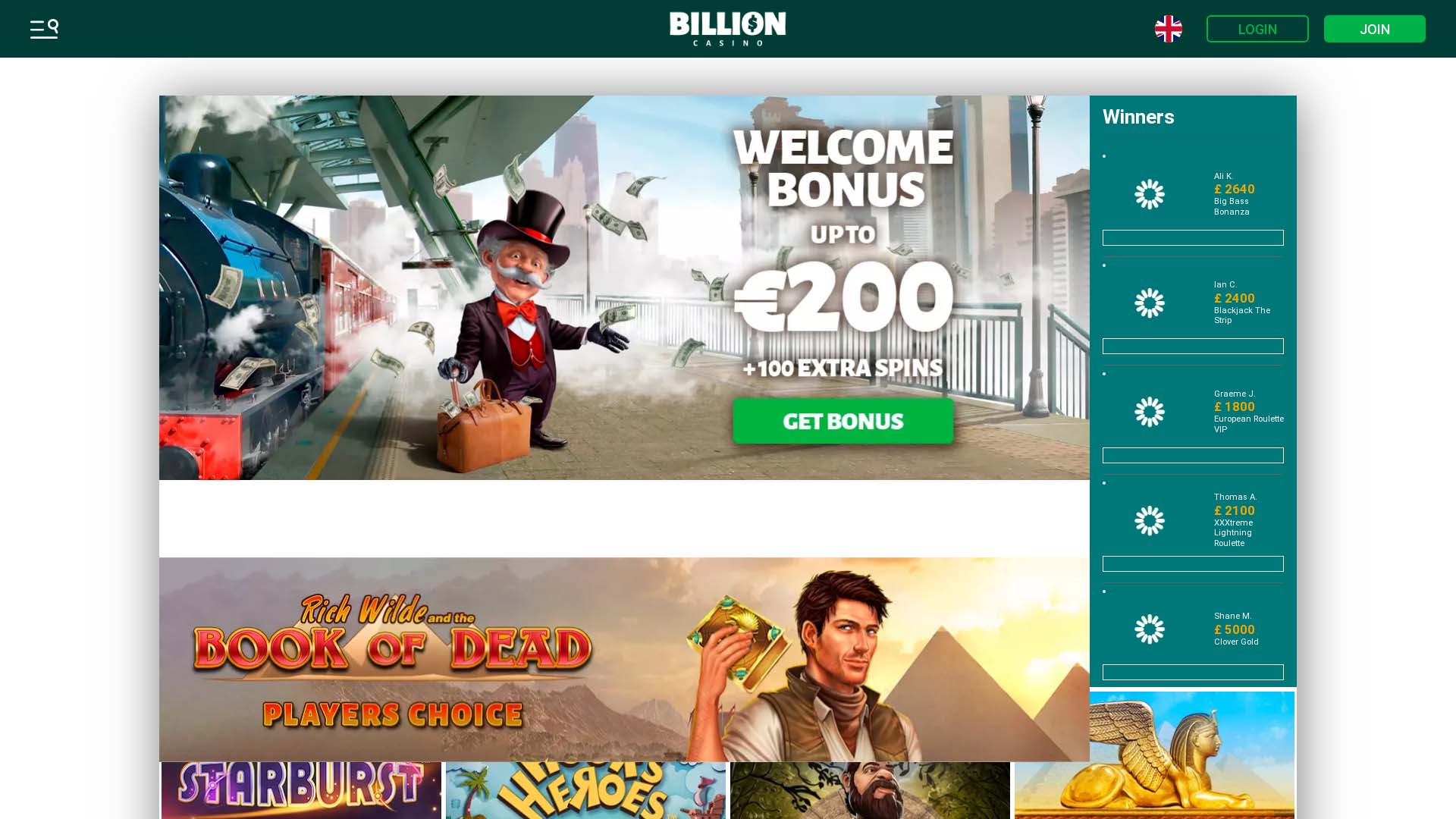 Screenshot of Billion Casino taken in 2025