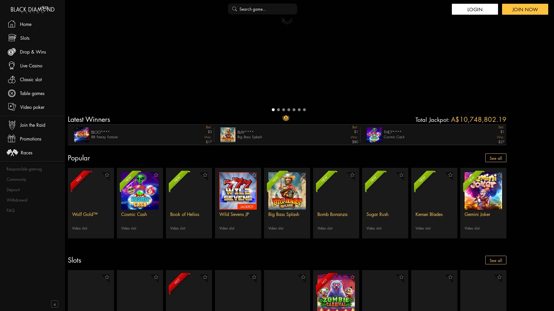 Screenshot of Black Diamond Casino taken in 2025