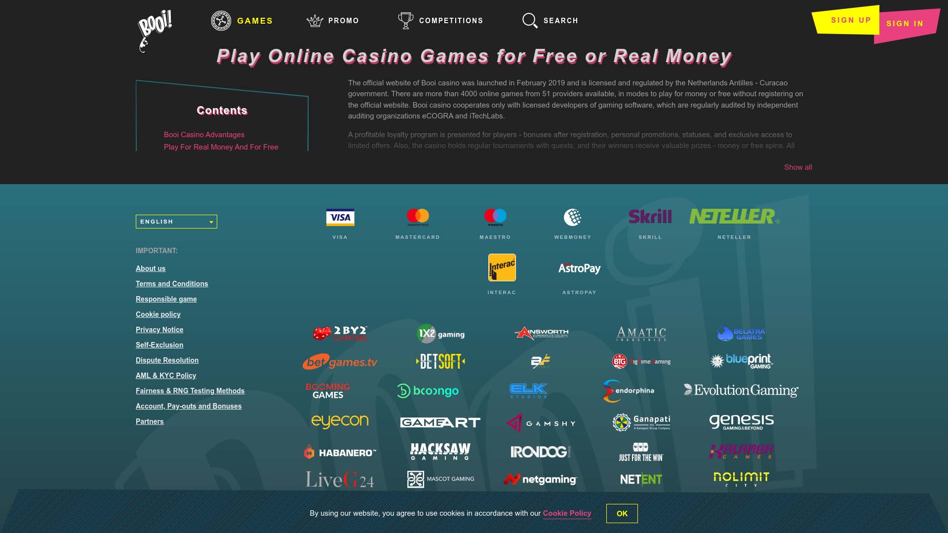 Screenshot of Booi Casino taken in 2025