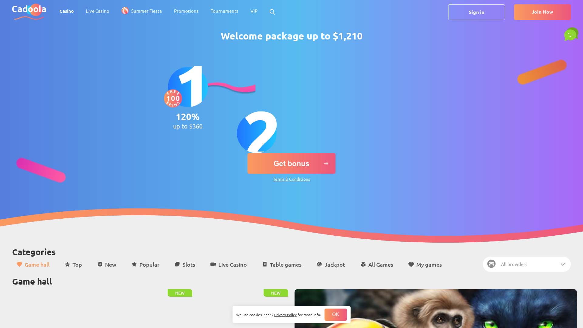 Screenshot of Cadoola Casino taken in 2025