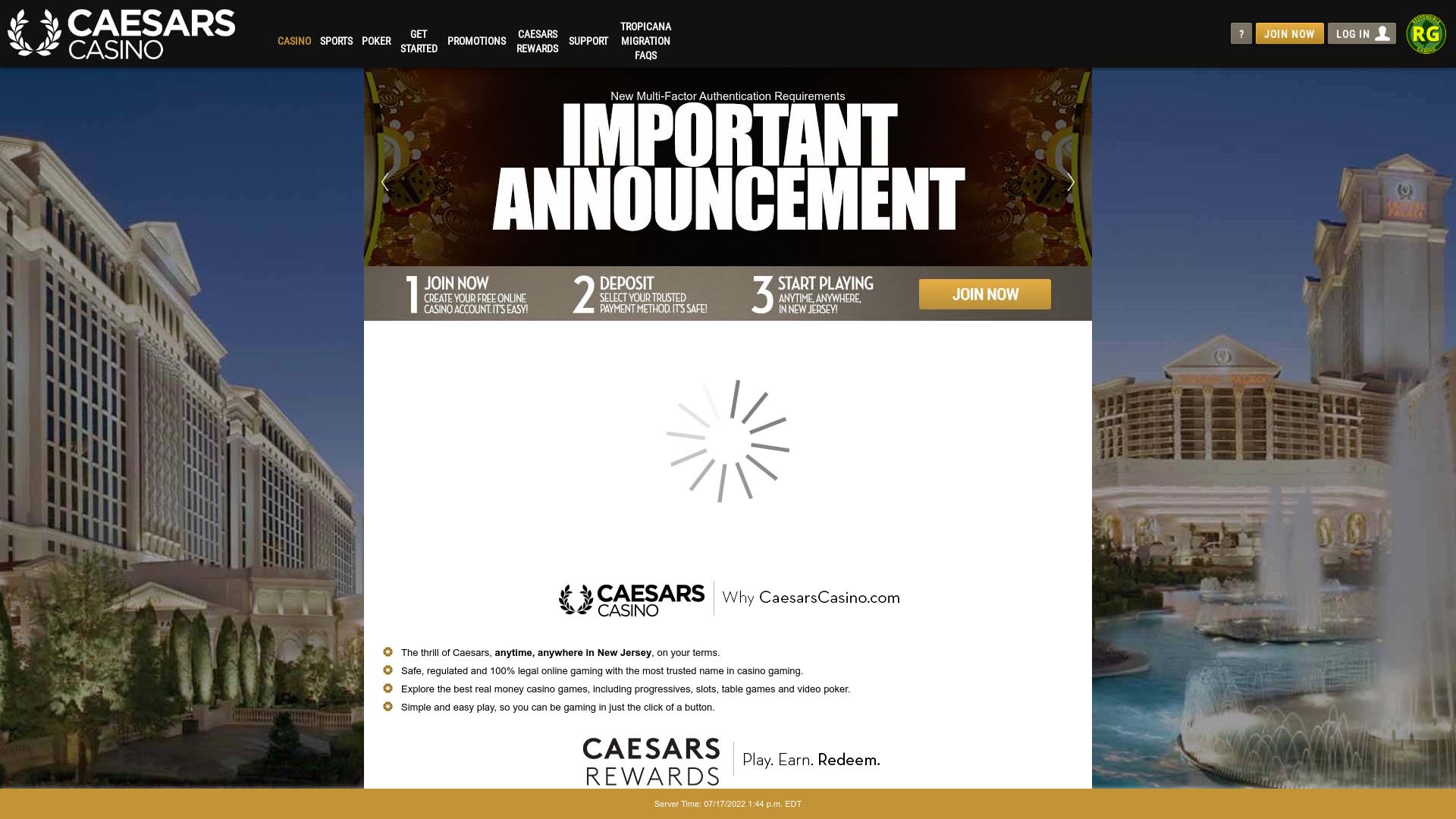 Screenshot of Caesars Casino taken in 2025