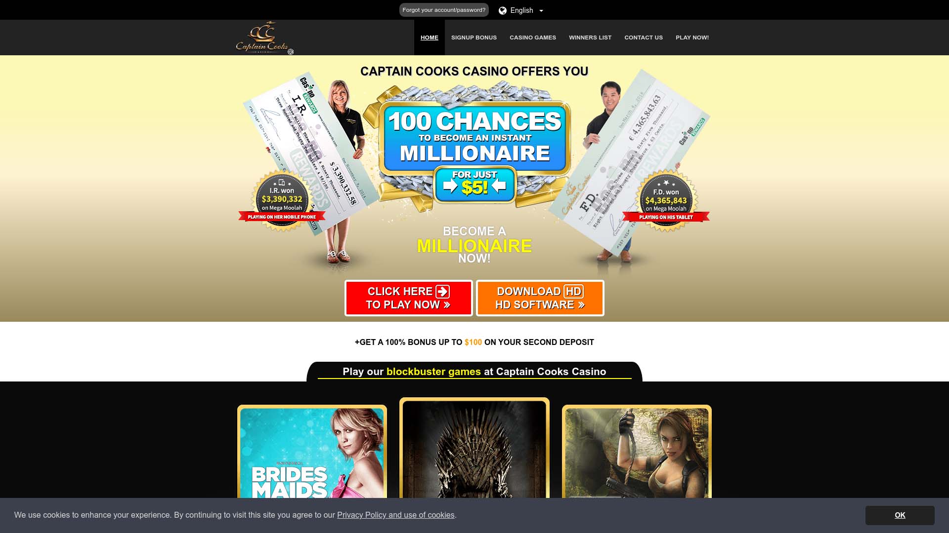 Screenshot of Captain Cooks Casino taken in 2025