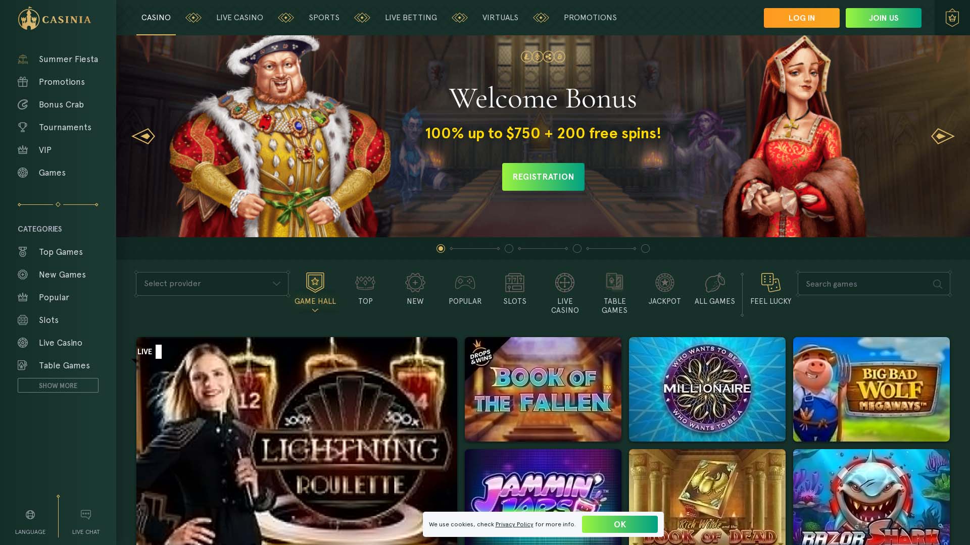 Screenshot of Casinia Casino taken in 2025