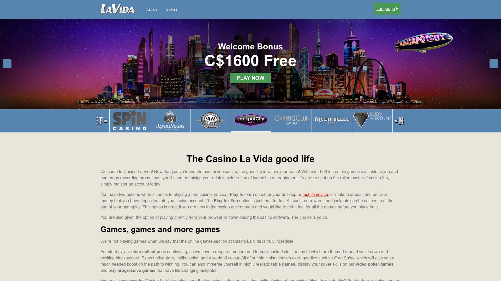 Screenshot of Casino La Vida taken in 2025