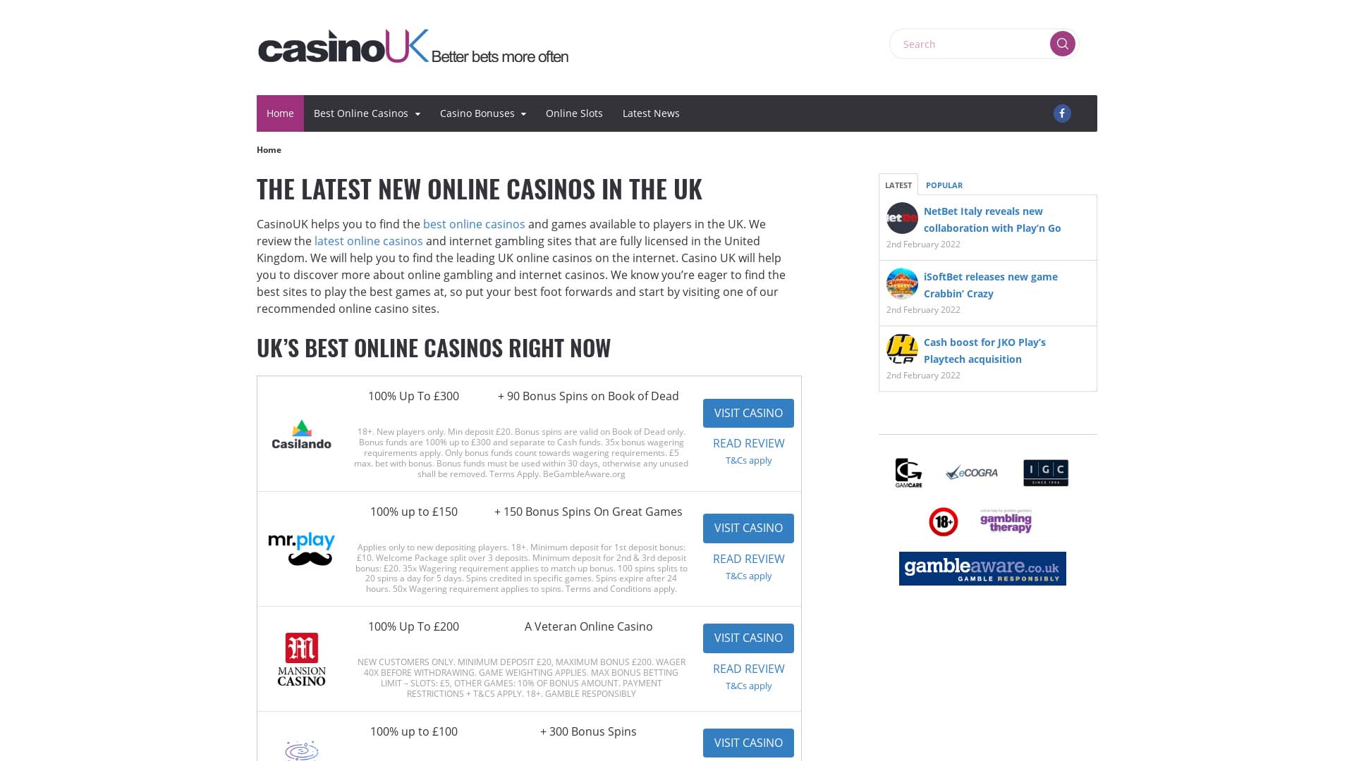 Screenshot of Casino UK taken in 2025