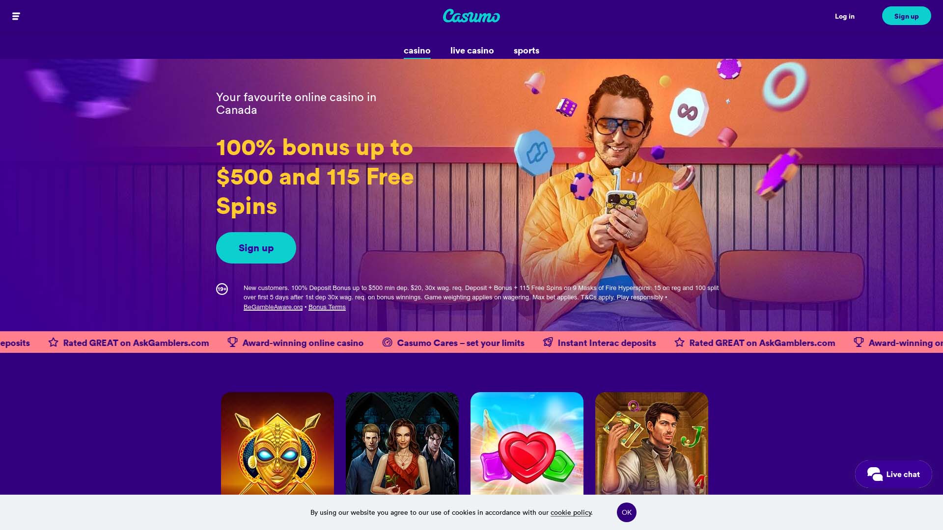 Screenshot of Casumo Casino taken in 2025