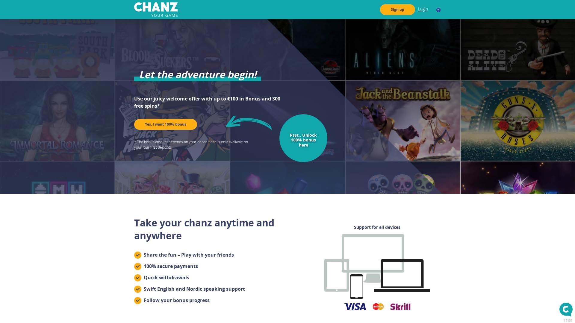 Screenshot of Chanz Casino taken in 2025