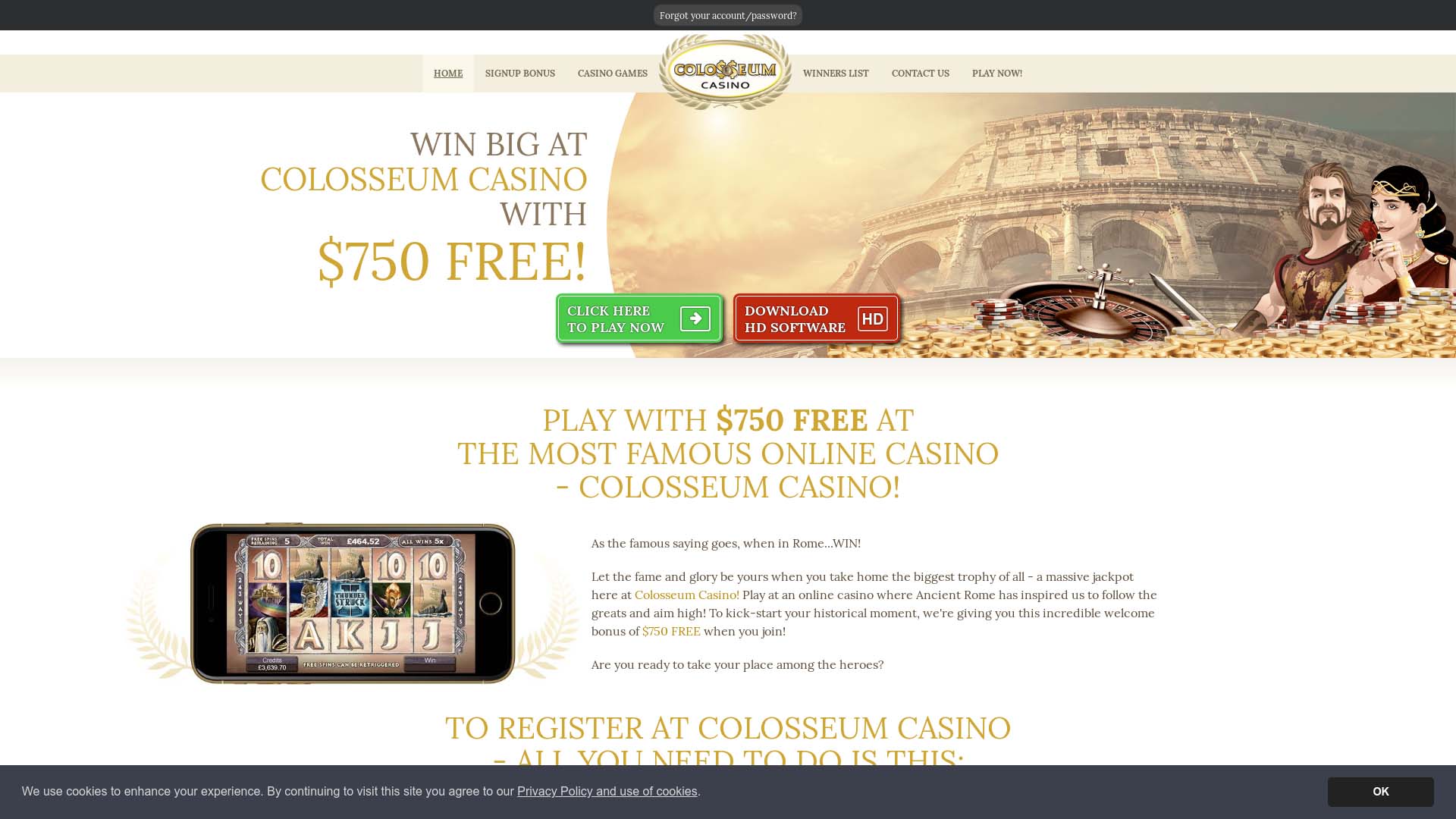 Screenshot of Colosseum Casino taken in 2025