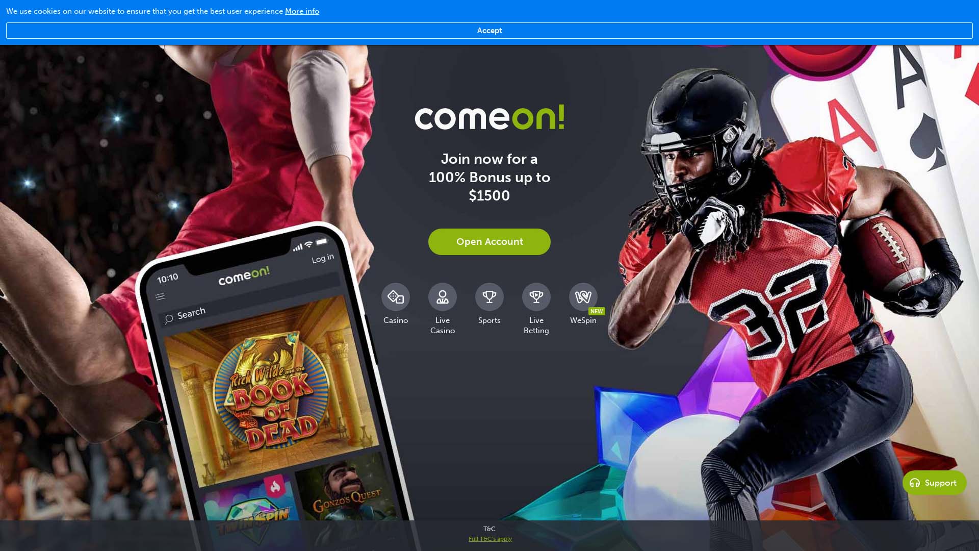 Screenshot of ComeOn Casino taken in 2025