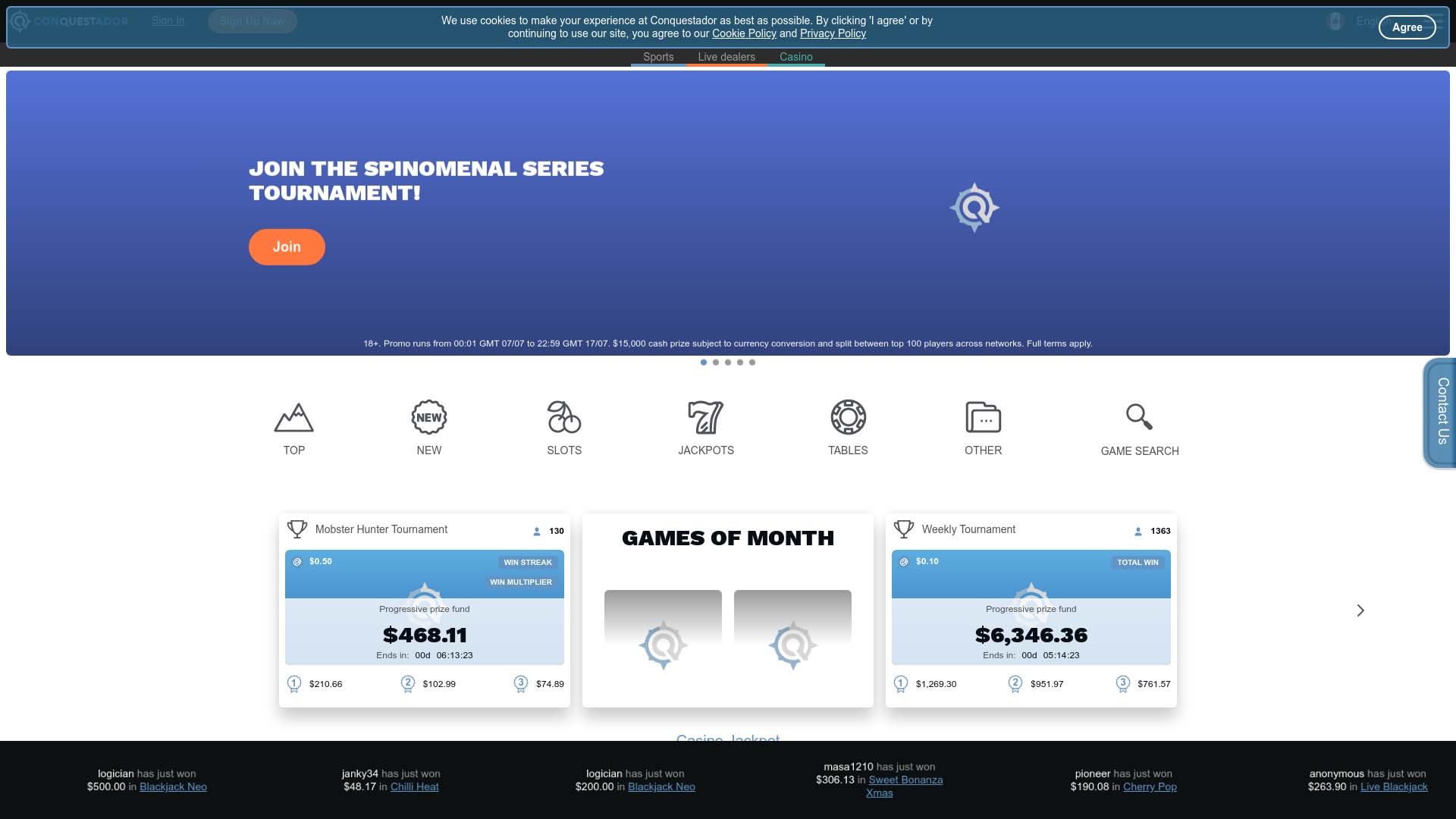 Screenshot of Conquestador Casino taken in 2025 Screenshot of Conquestador Casino taken in 2025