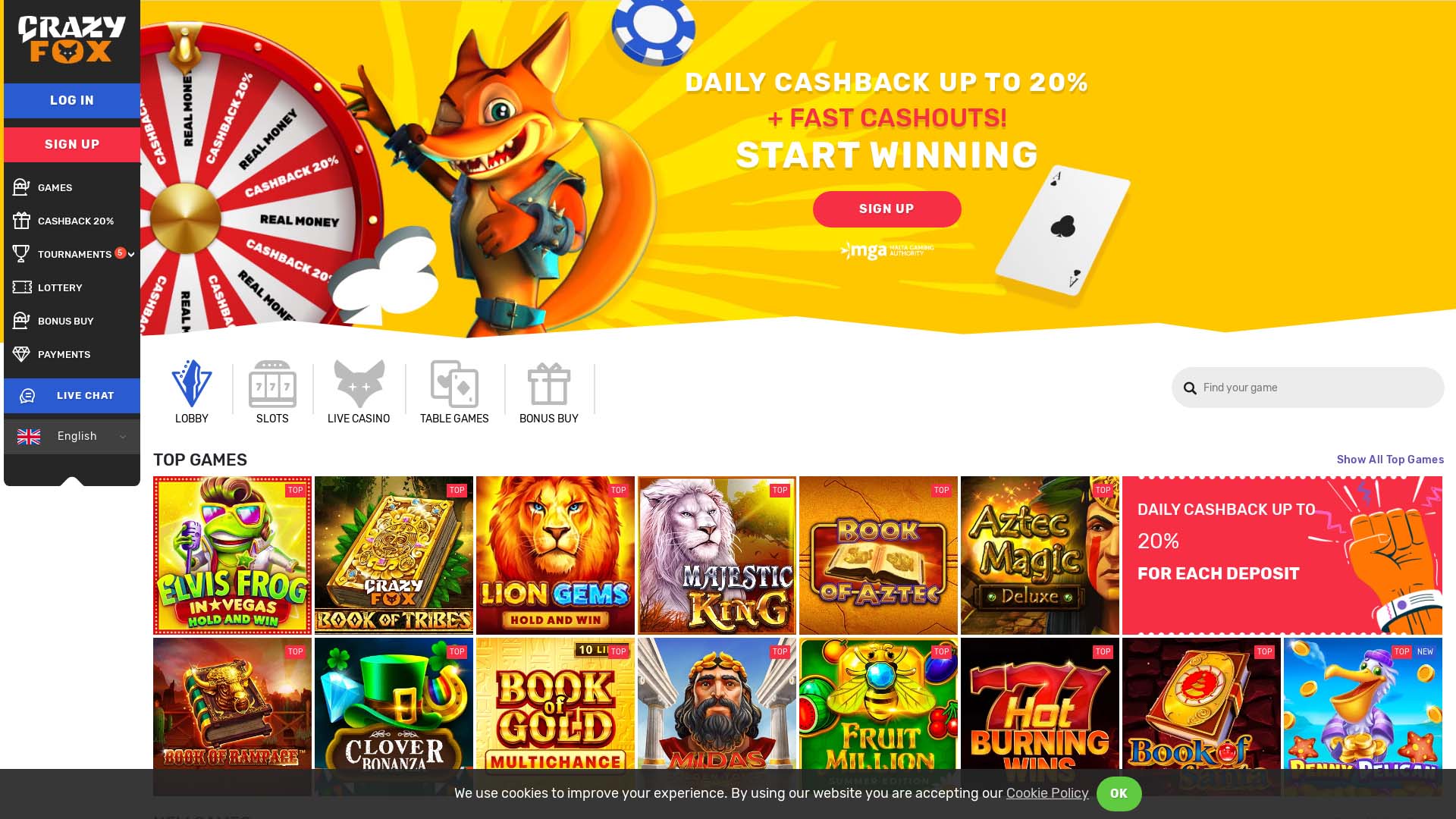 Screenshot of Crazy Fox Casino taken in 2025