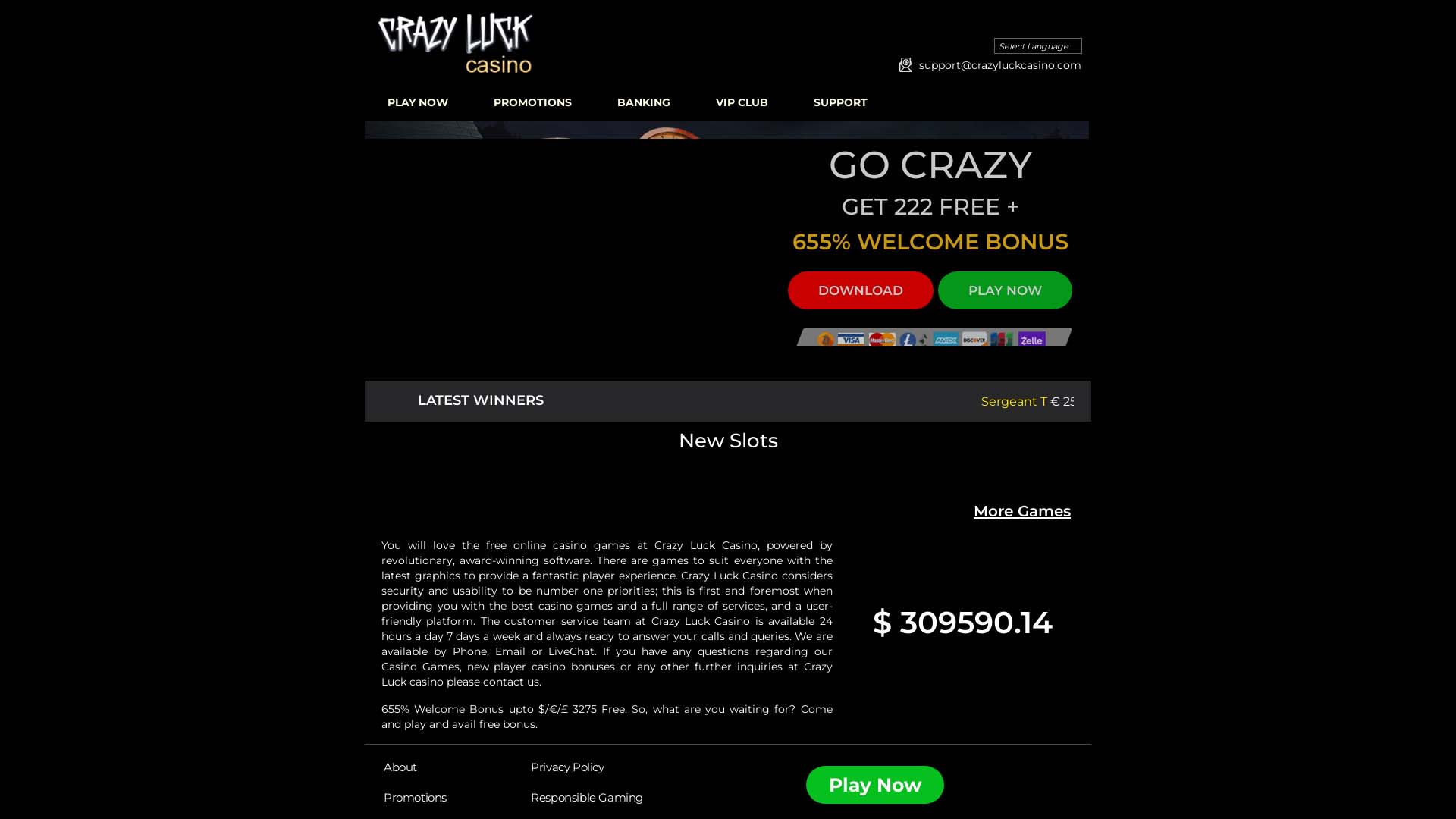 Screenshot of Crazy Luck Casino taken in 2025