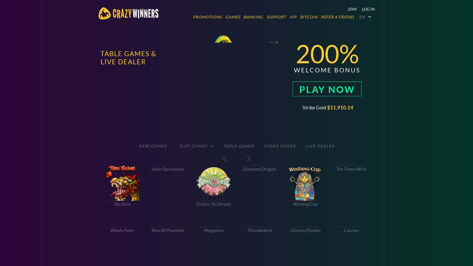 Screenshot of CrazyWinners Casino taken in 2025
