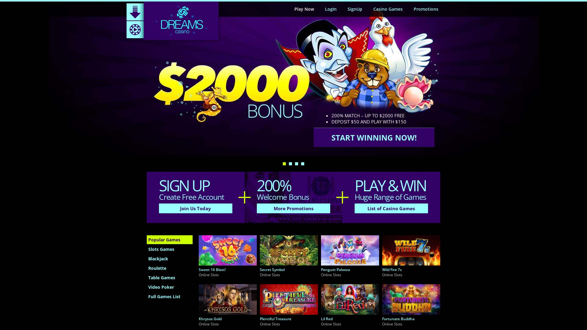 Screenshot of Dreams Casino taken in 2025