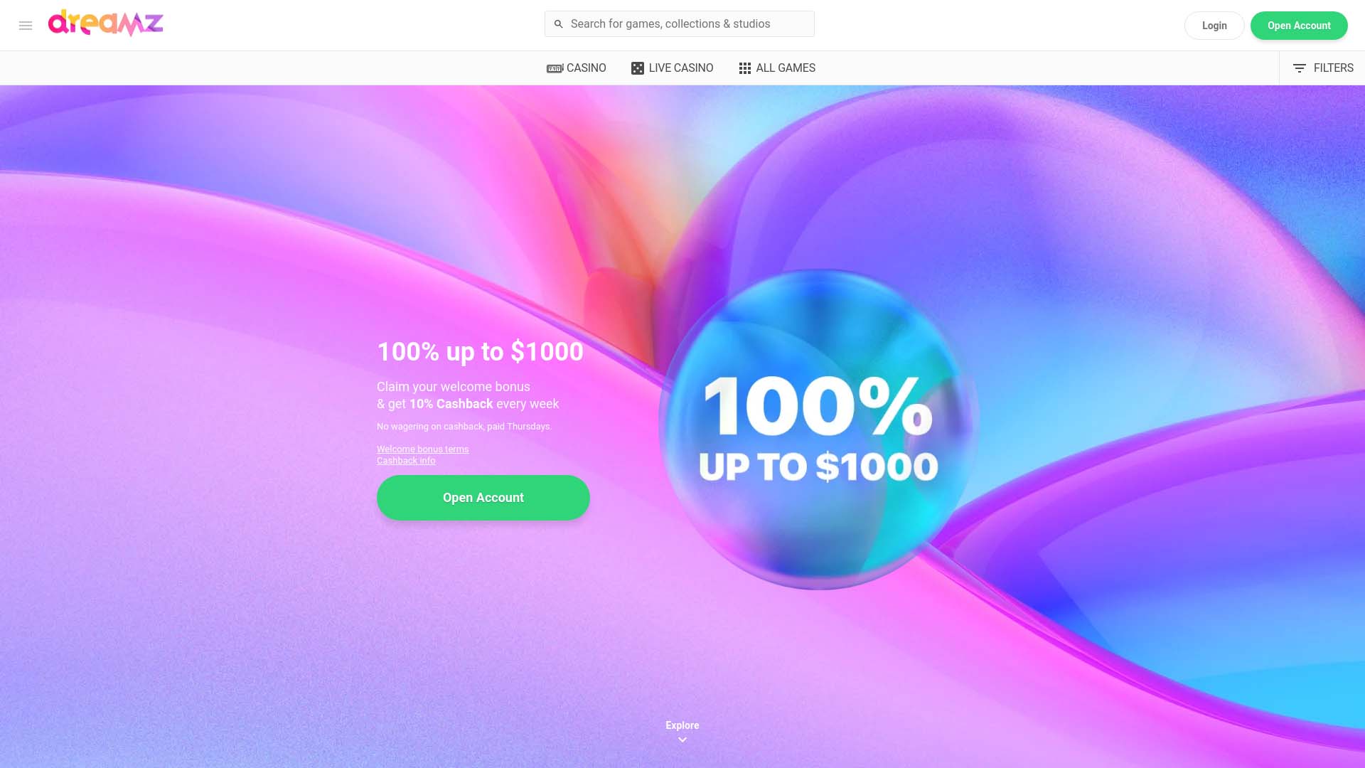 Screenshot of Dreamz Casino taken in 2025