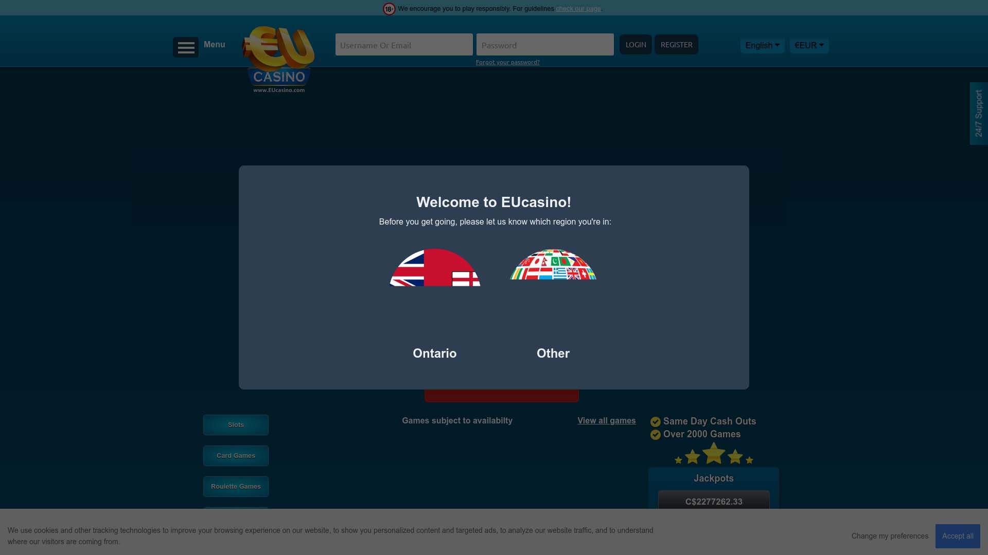 Screenshot of EUcasino taken in 2025
