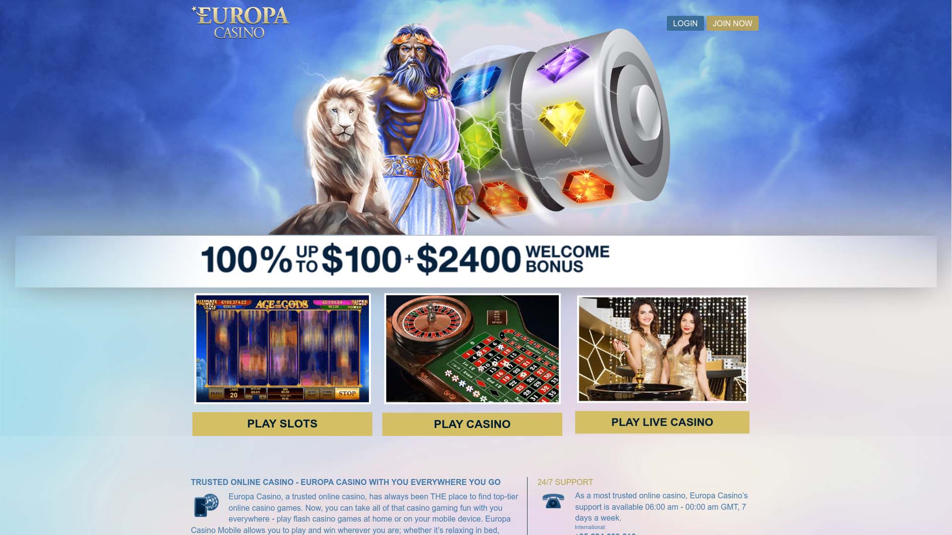 Screenshot of Europa Casino taken in 2025
