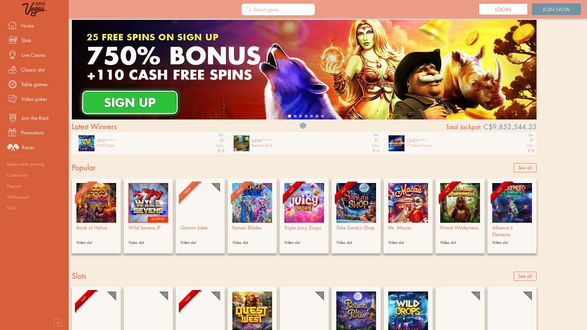 Screenshot of Extra Vegas Casino taken in 2025