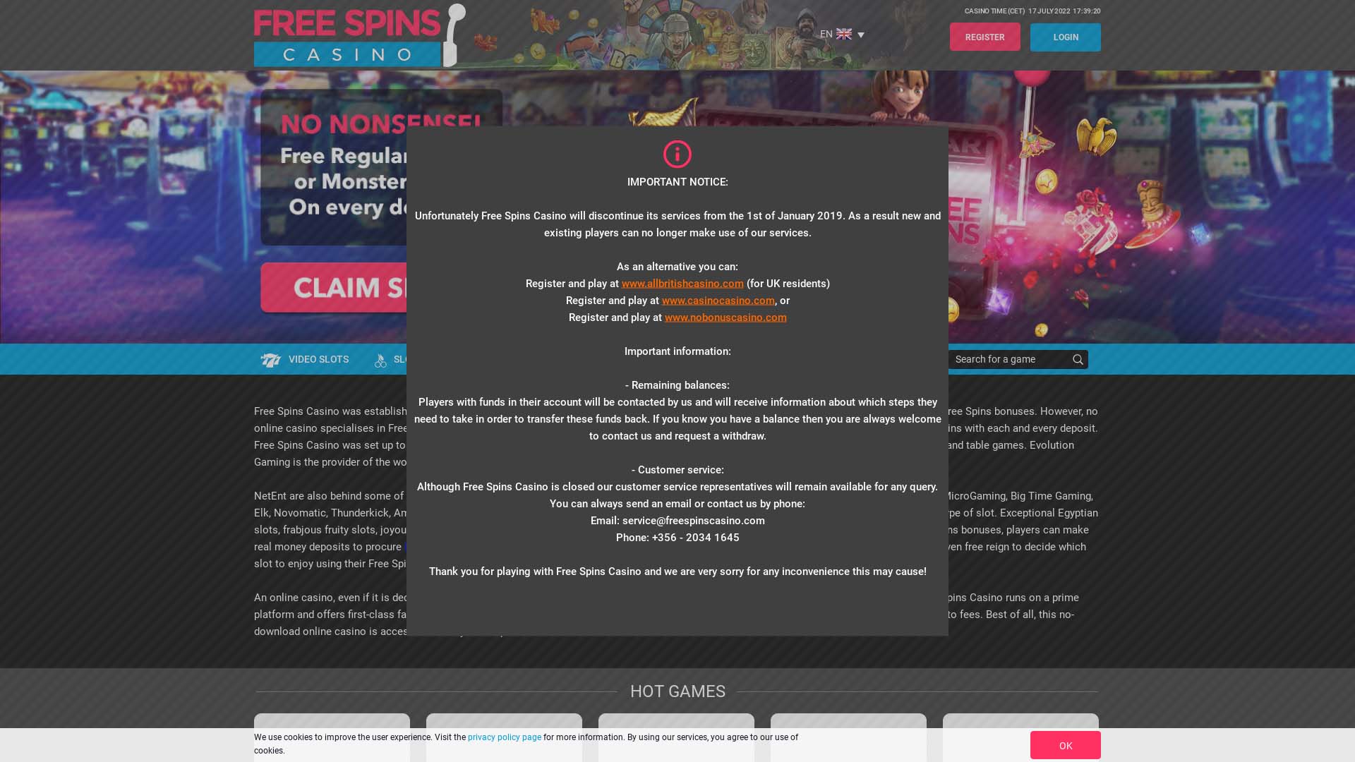 Screenshot of Free Spins Casino taken in 2025