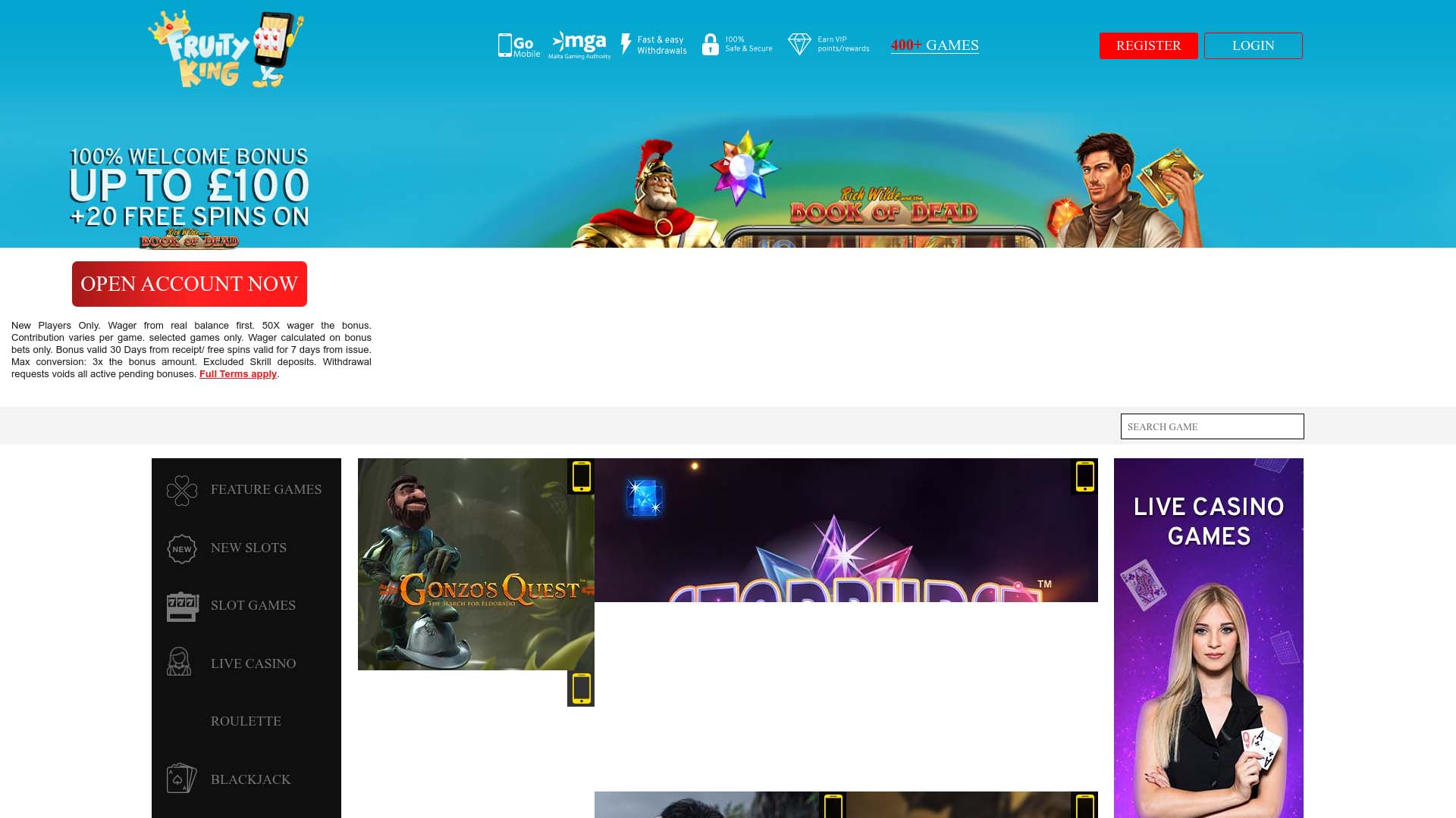 Screenshot of Fruity King Casino taken in 2025