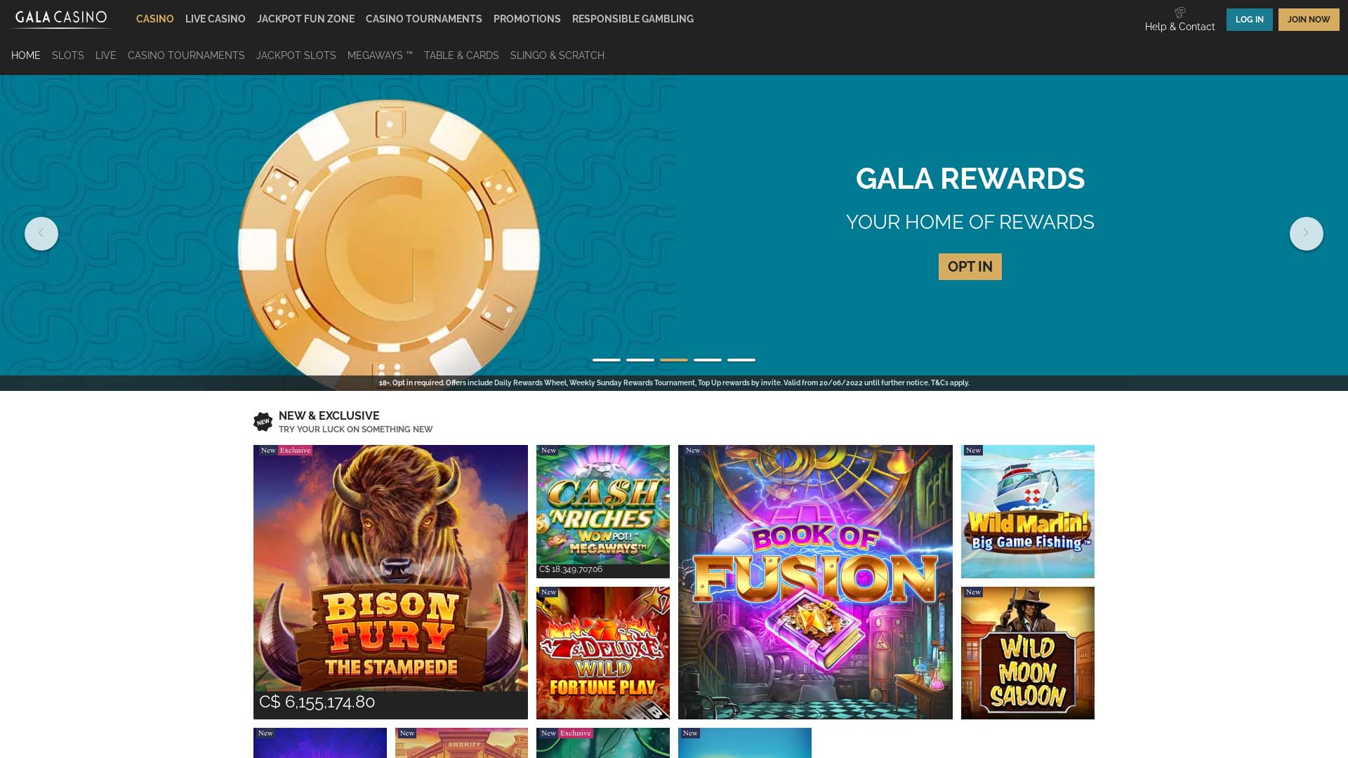 Screenshot of Gala Casino taken in 2025