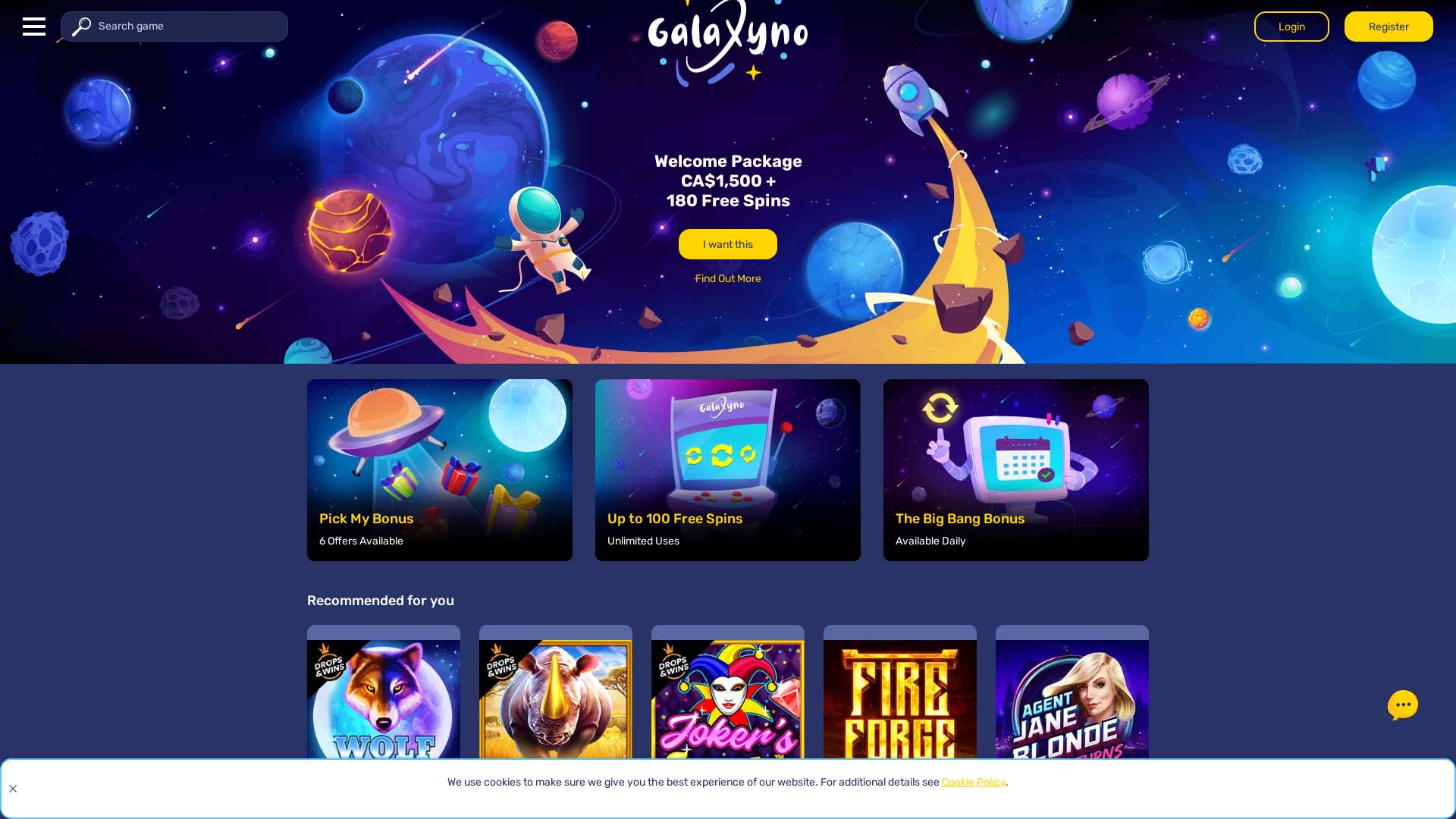 Screenshot of Galaxyno Casino taken in 2025