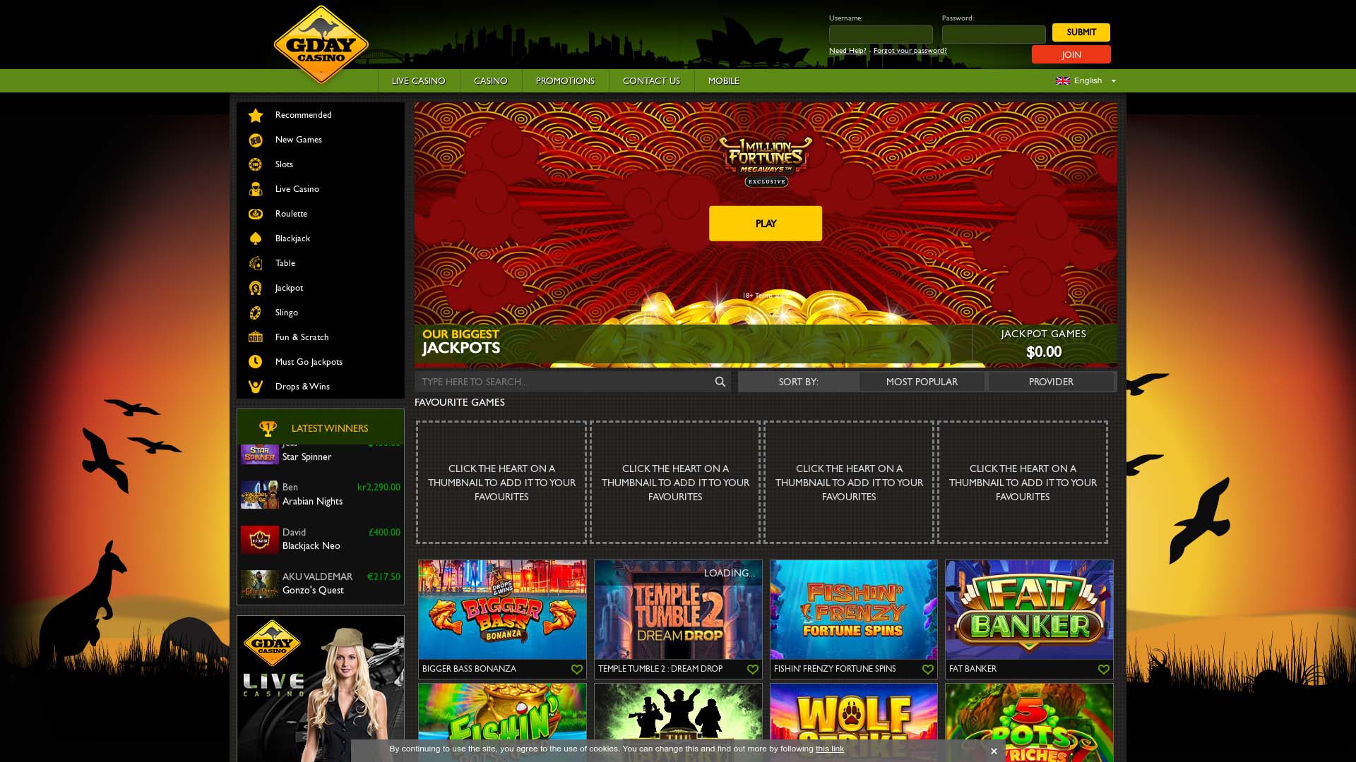 Screenshot of GDay Casino taken in 2025