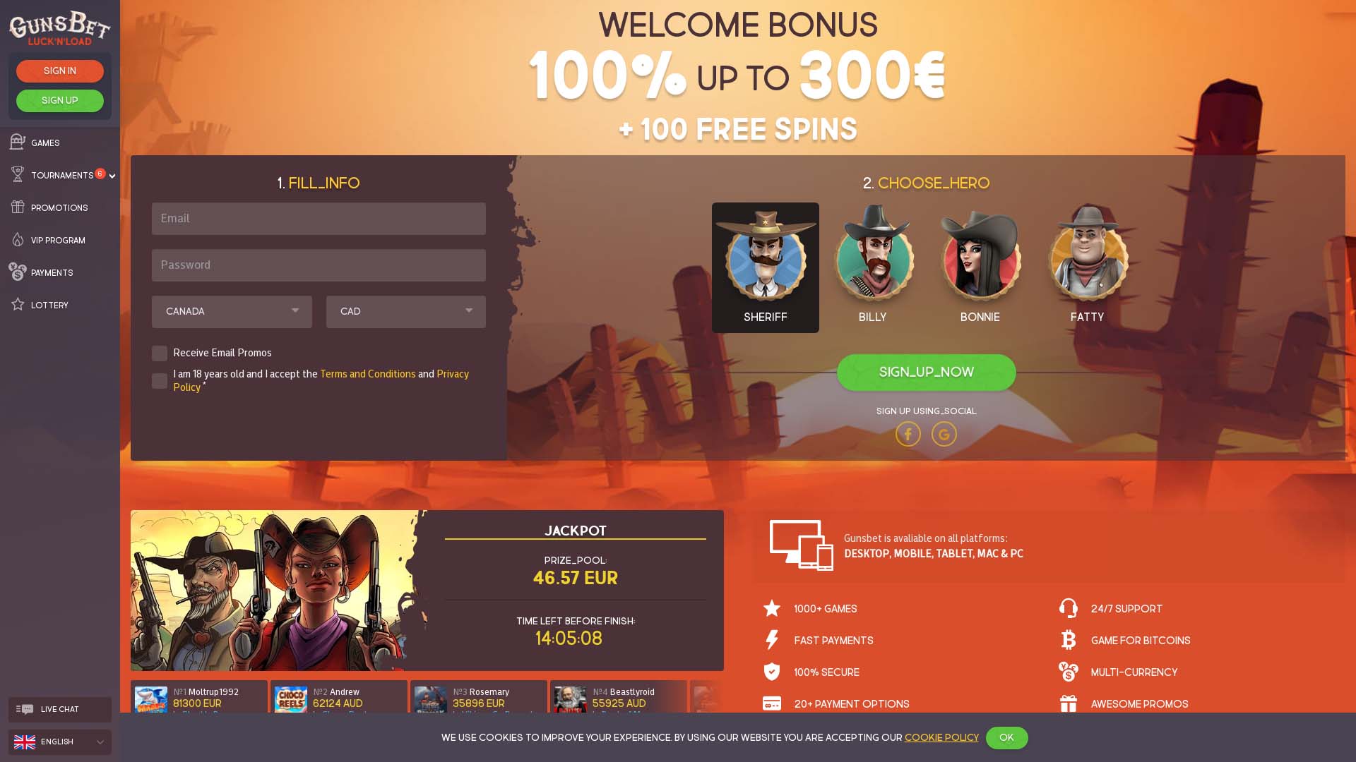 Screenshot of Gunsbet Casino taken in 2025