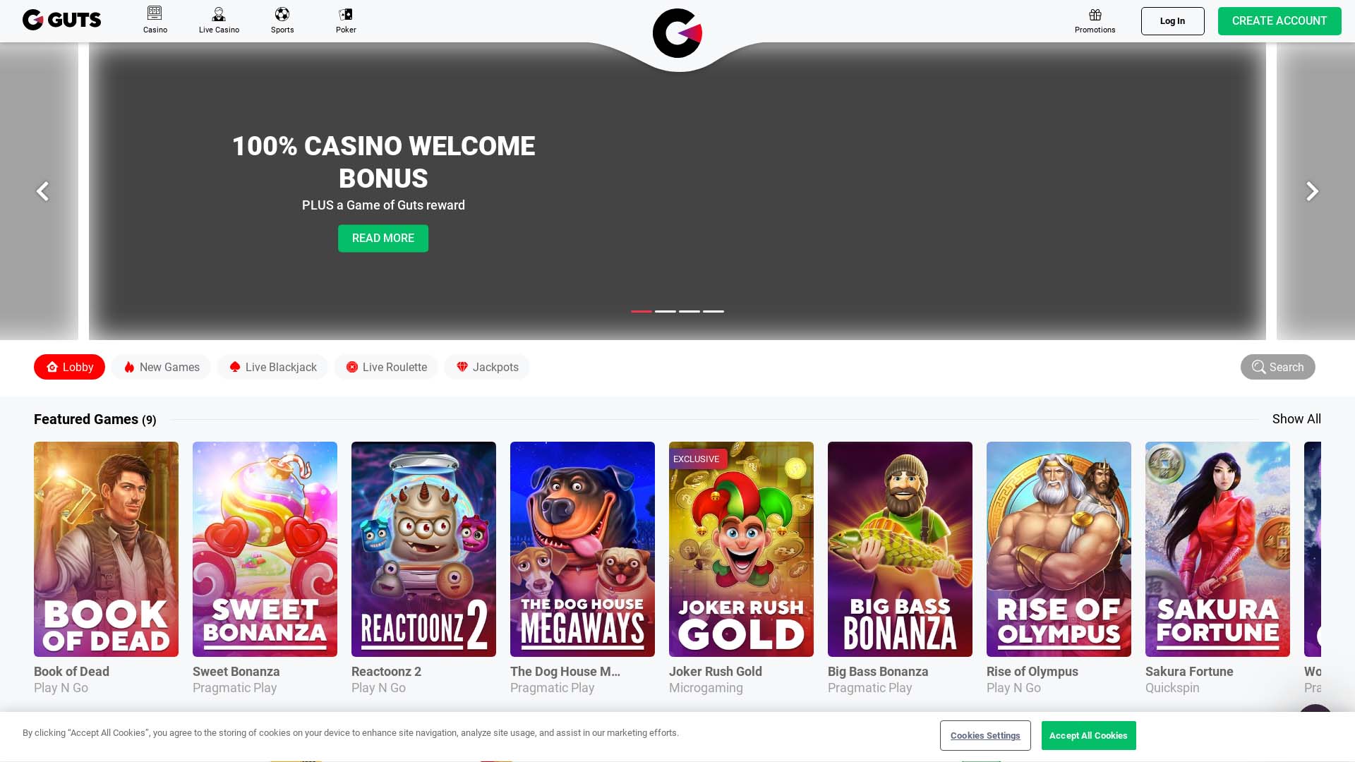 Screenshot of Guts Casino taken in 2025