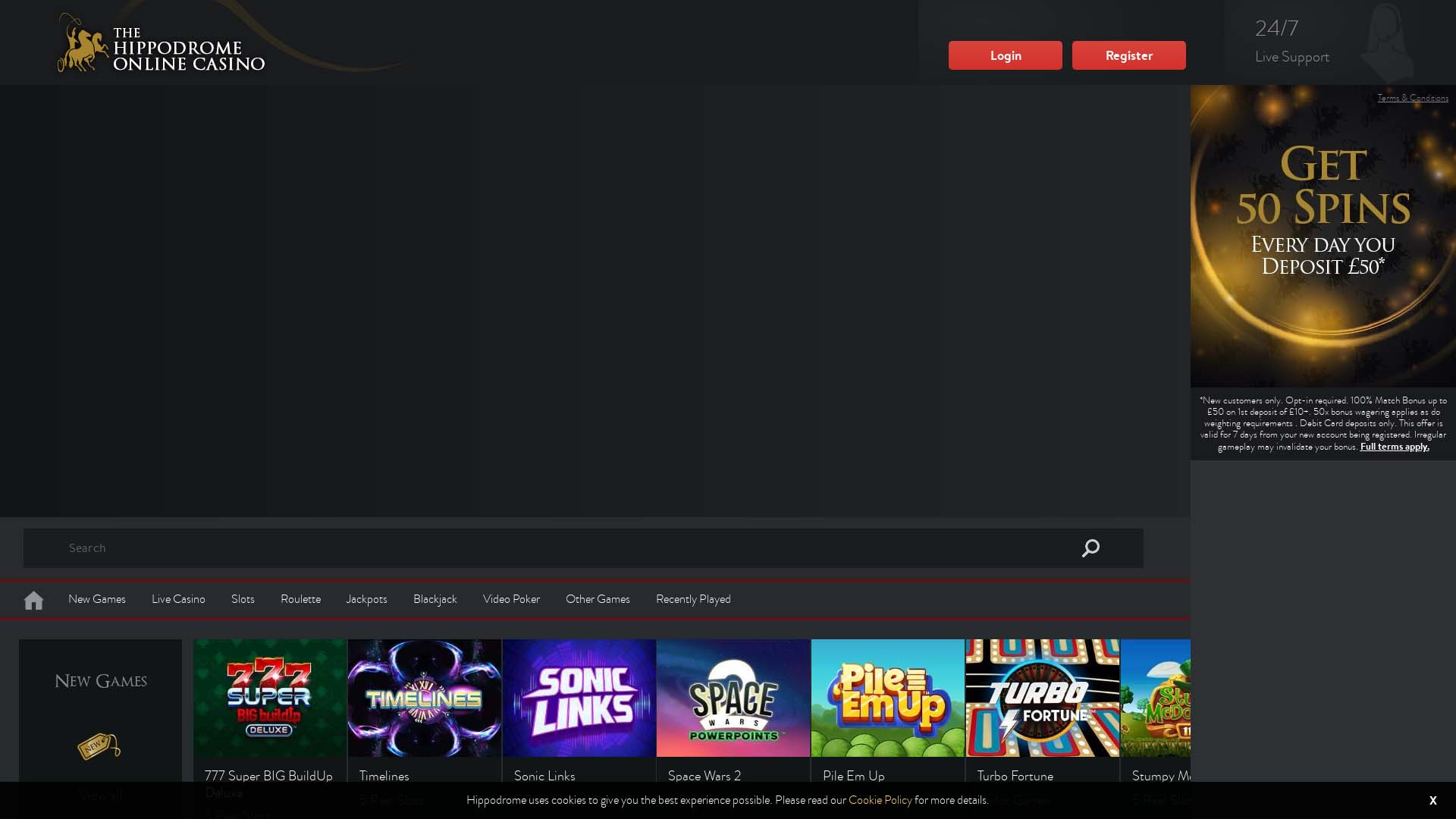Screenshot of Hippodrome Online Casino taken in 2025