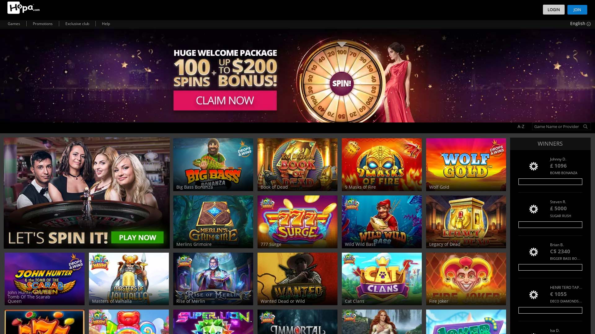 Screenshot of Hopa Casino taken in 2025