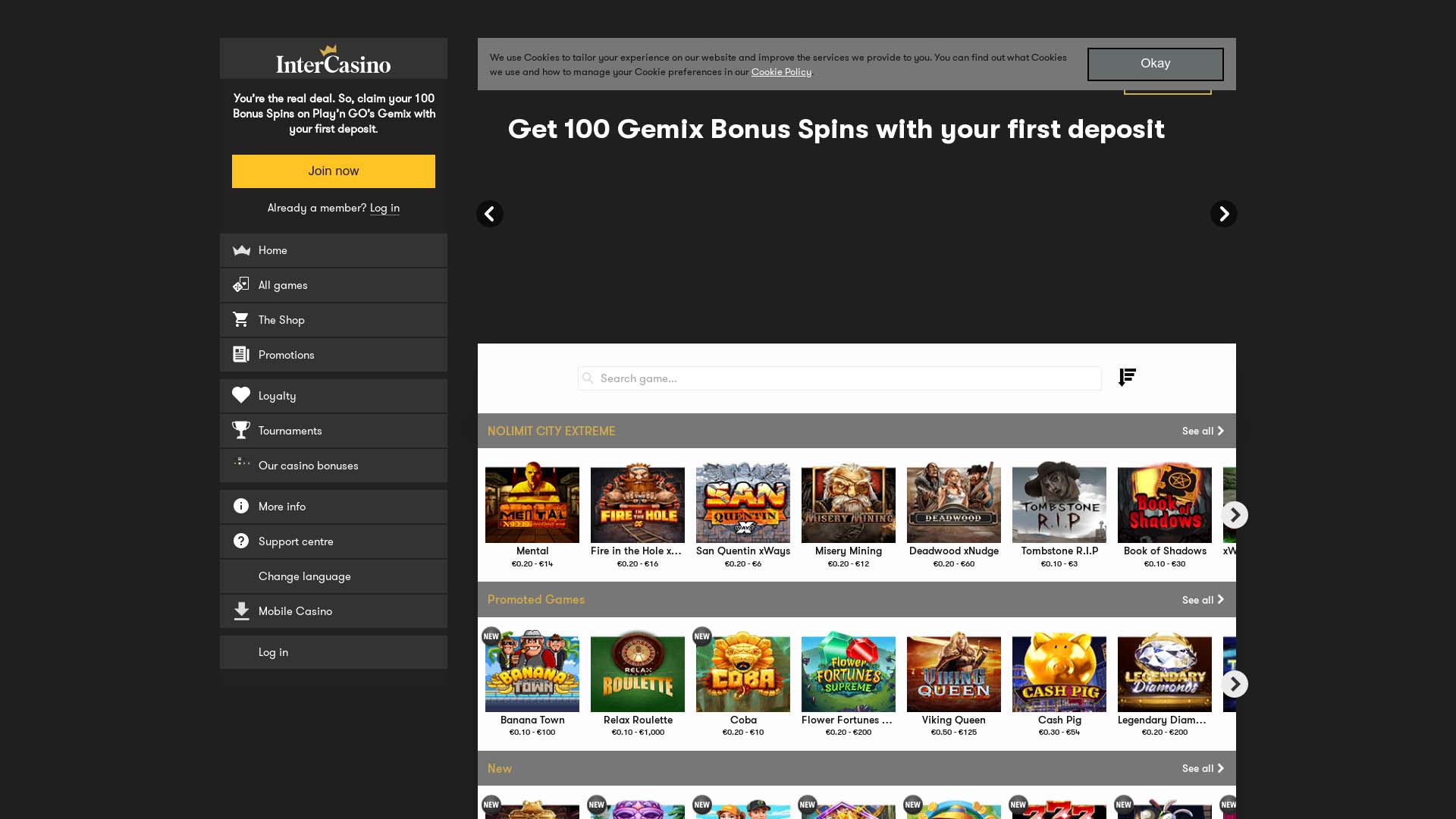 Screenshot of InterCasino taken in 2025 Screenshot of InterCasino taken in 2025