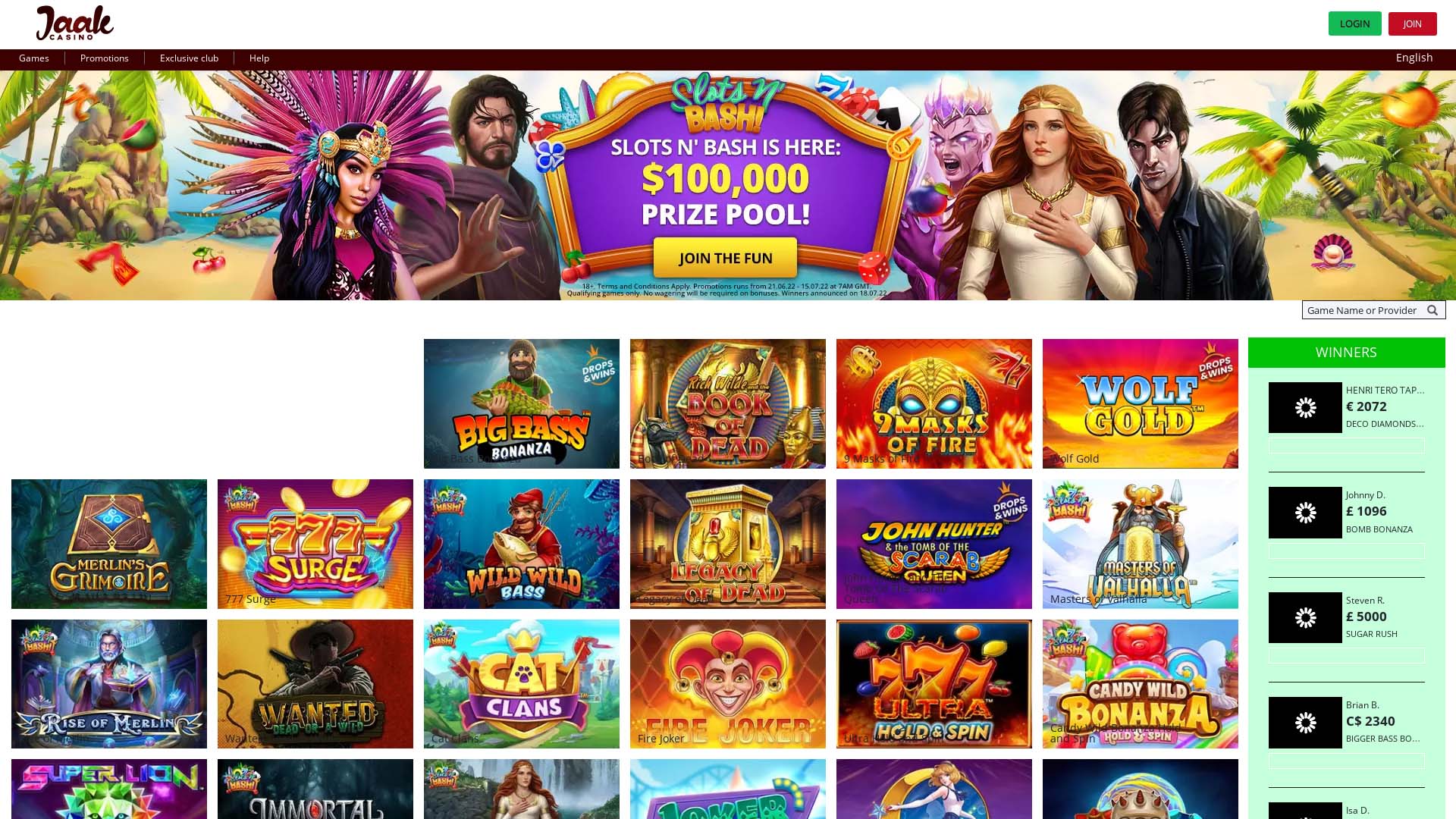 Screenshot of Jaak Casino taken in 2025