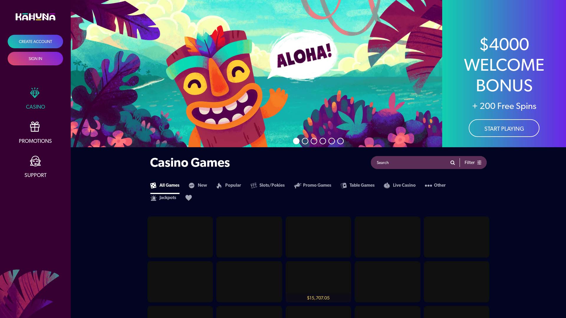 Screenshot of Kahuna Casino taken in 2025
