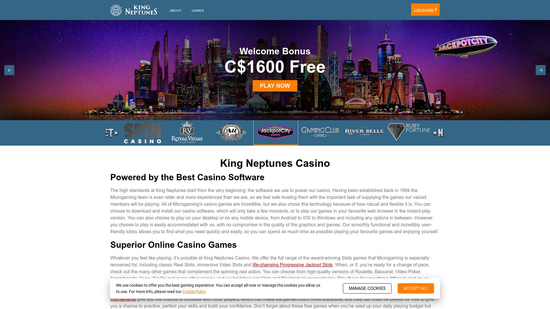 Screenshot of King Neptunes Casino taken in 2025