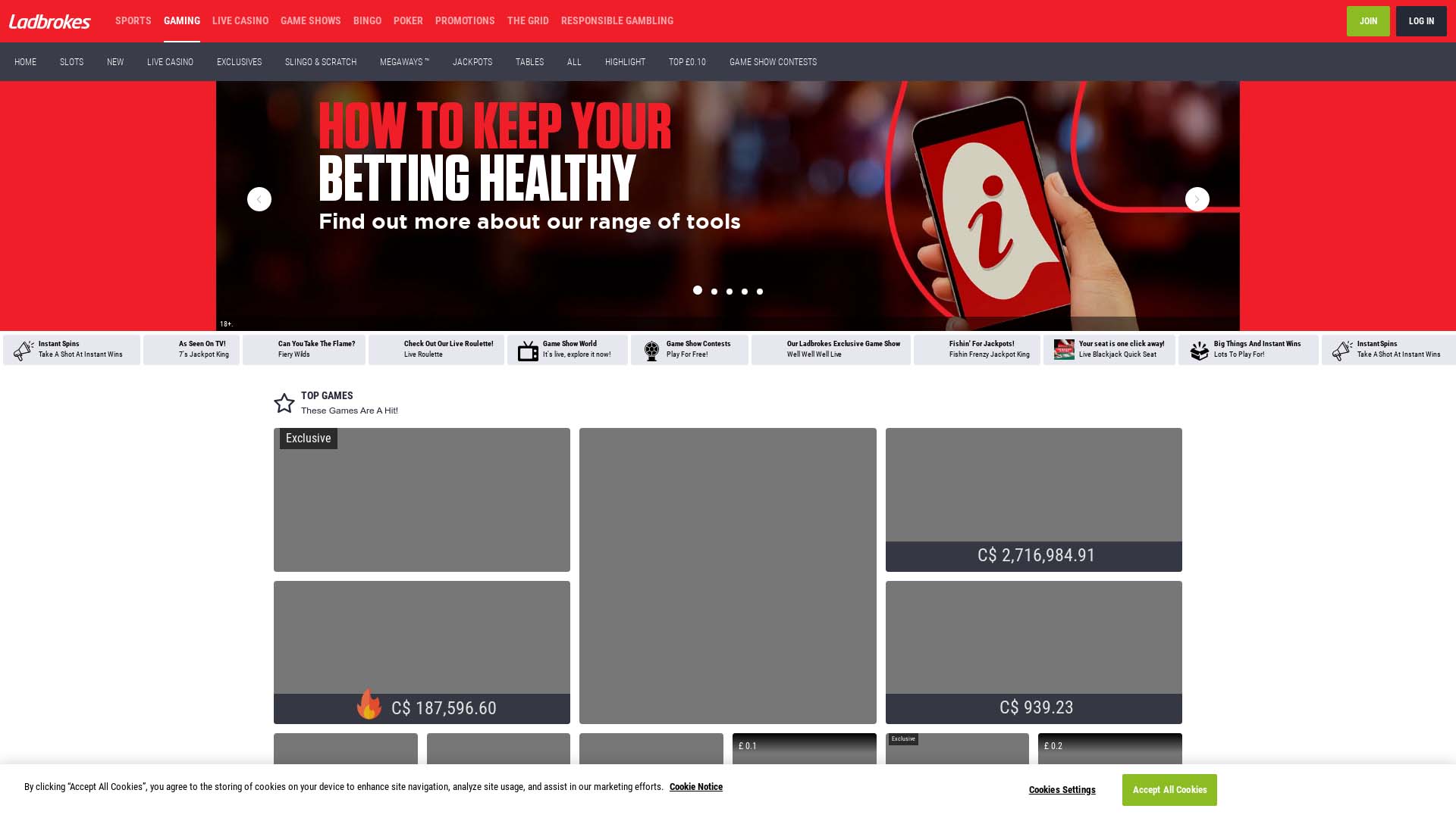 Screenshot of Ladbrokes Casino taken in 2025