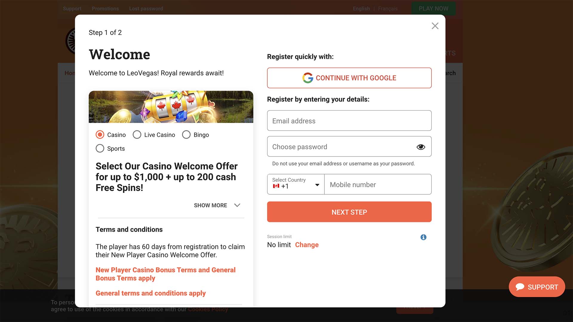 Registration form at LeoVegas