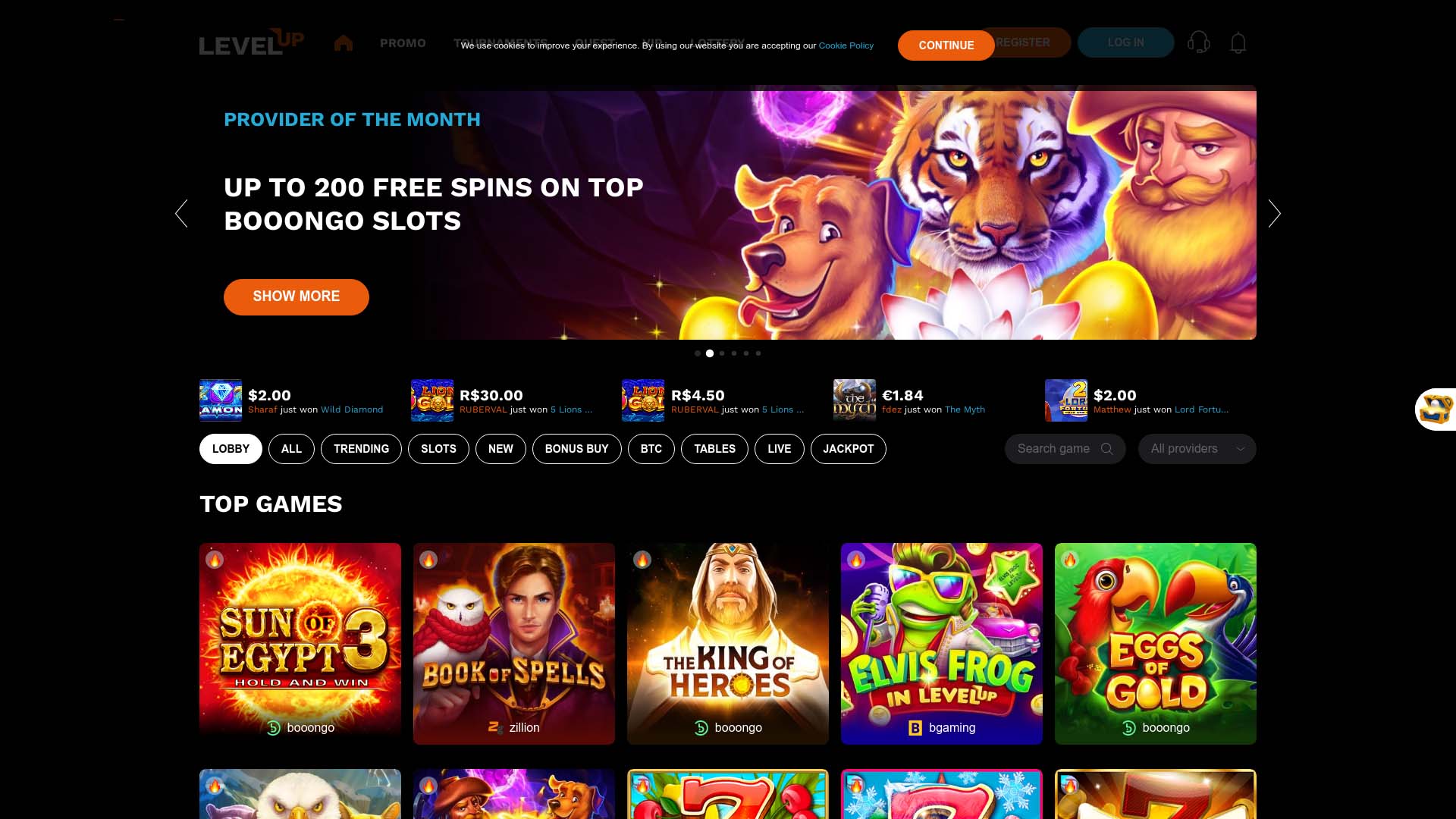 Screenshot of LevelUp Casino taken in 2025