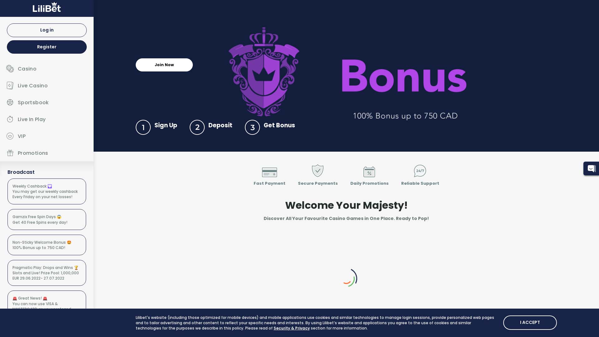 Screenshot of Lilibet Casino taken in 2025