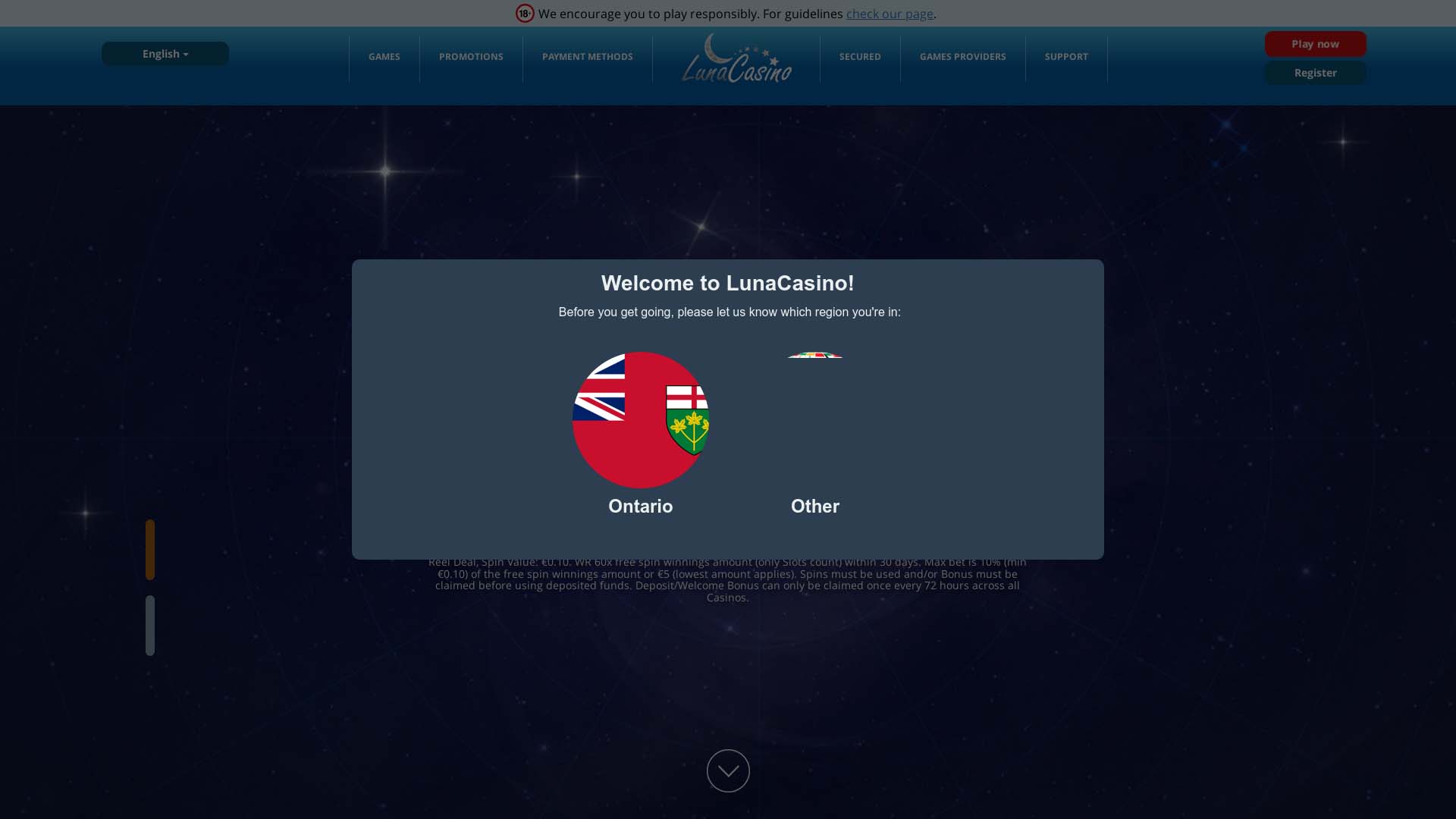 Screenshot of Luna Casino taken in 2025